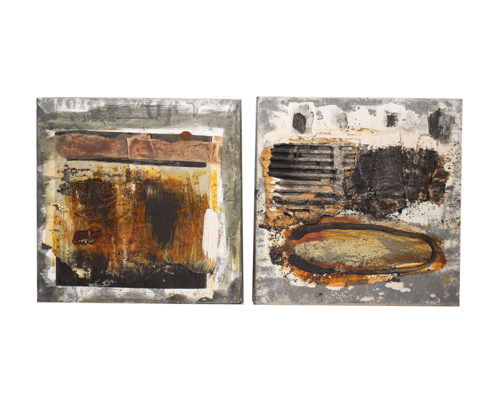 Juliet Holland 2008 Nami Mixed Media Paintings and Collages: Two 2008 mixed media paintings and collages on canvas by the artist Juliet Holland (American; 1937-2017). Included are the works titled Nami 38 and Nami 42. Both works are signed, titled, an