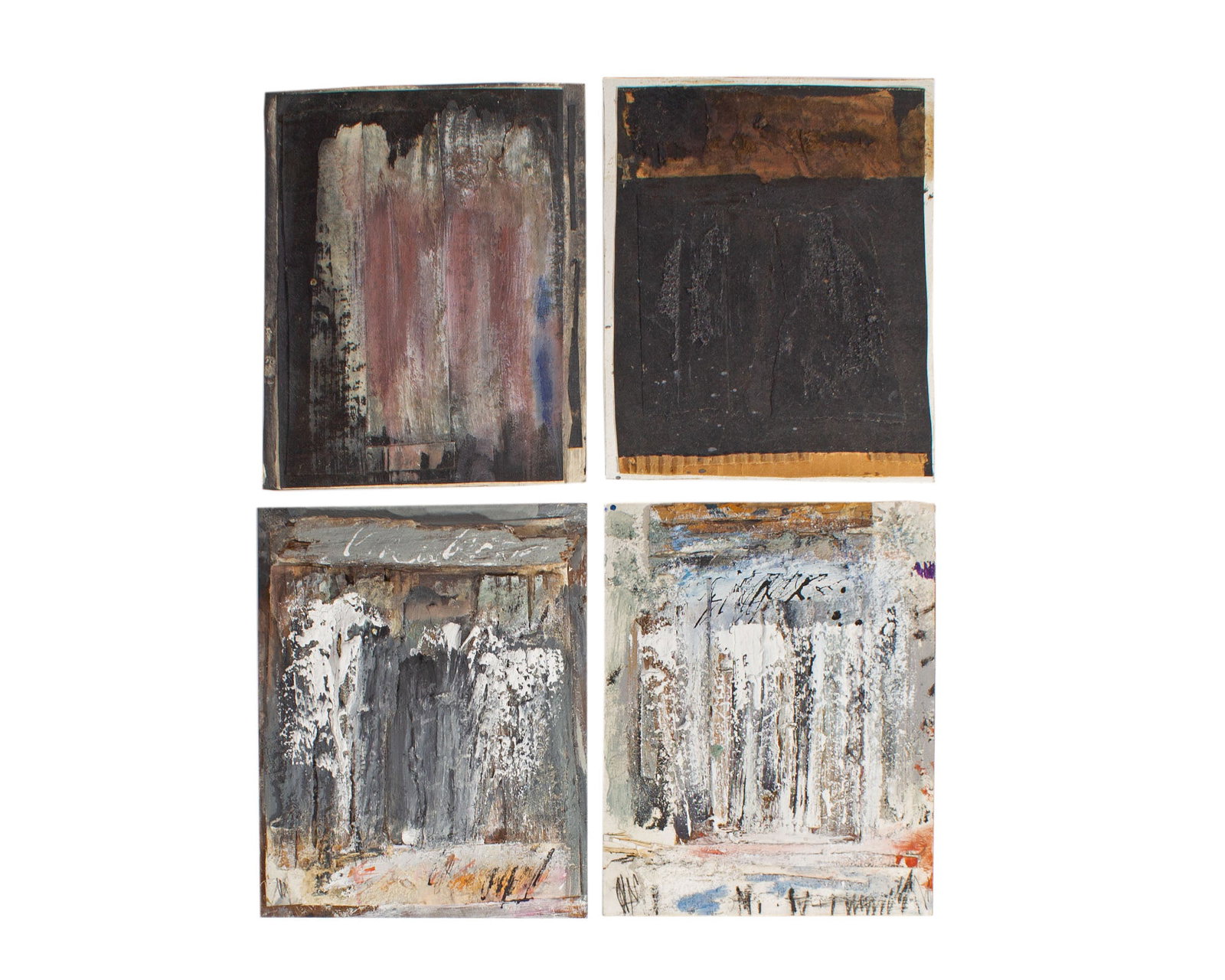 Juliet Holland Mixed Media Paintings and Collages: Four paintings and collages by the artist Juliet Holland (American; 1937-2017). Included is a work on board that is signed and dated 2012 to verso; an unsigned work on board; an unsigned work on paper