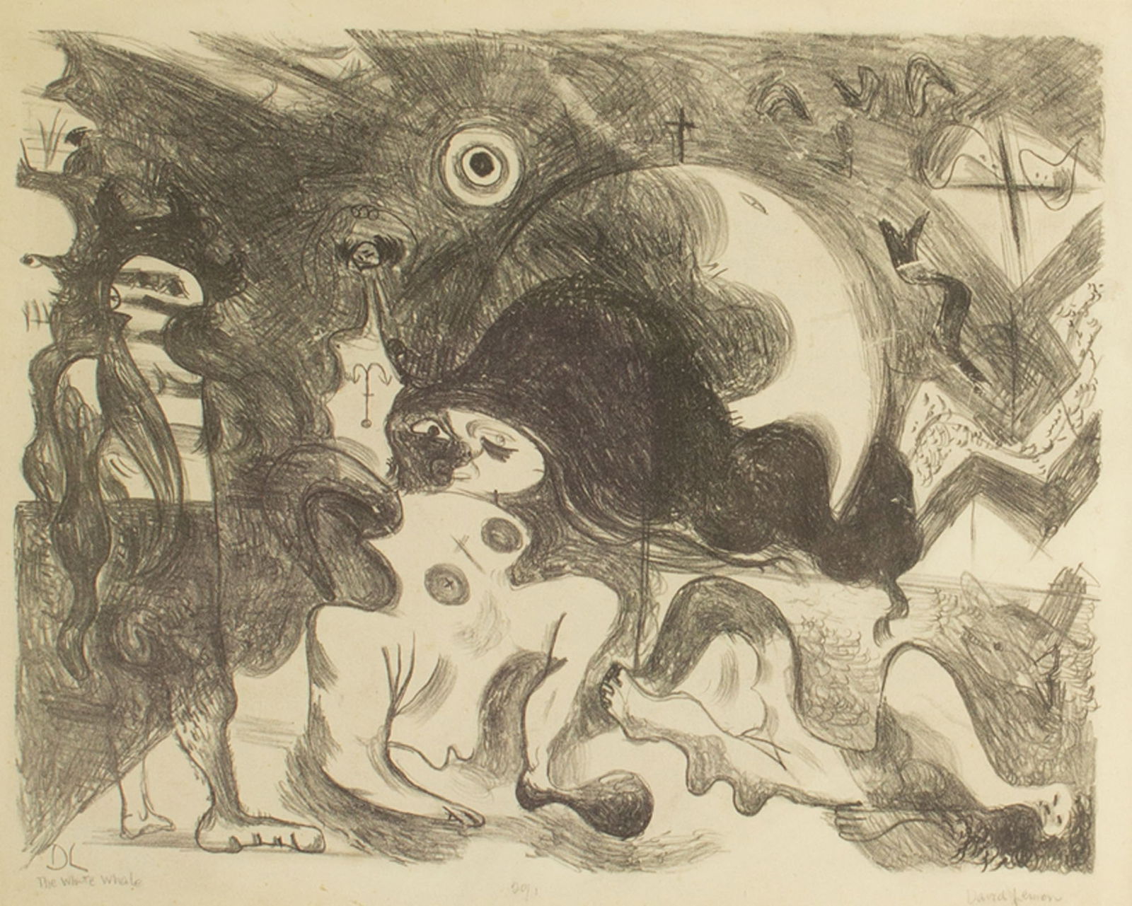 David Lemon Signed “The White Whale" Limited Edition Abstract Lithograph: Limited edition abstract lithograph by artist David Lemon (American; b. 1916). TitledThe White Whale. Signed and titled in pencil along the bottom edge. Measurements: 19.5” W x 17.5” H x 1
