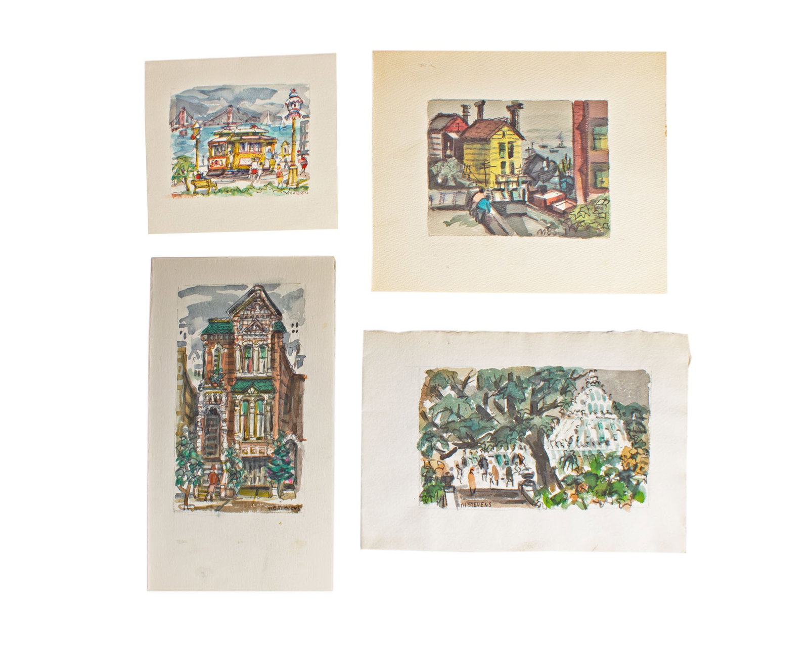 Marjorie Stevens 1970s Watercolors of San Francisco: Four watercolors of San Francisco from the 1970s by the artist Marjorie Stevens (American; 1902-1992). Each painting is signed or initialed along the bottom edge. Measurements: 5.75" W x 10.25&qu