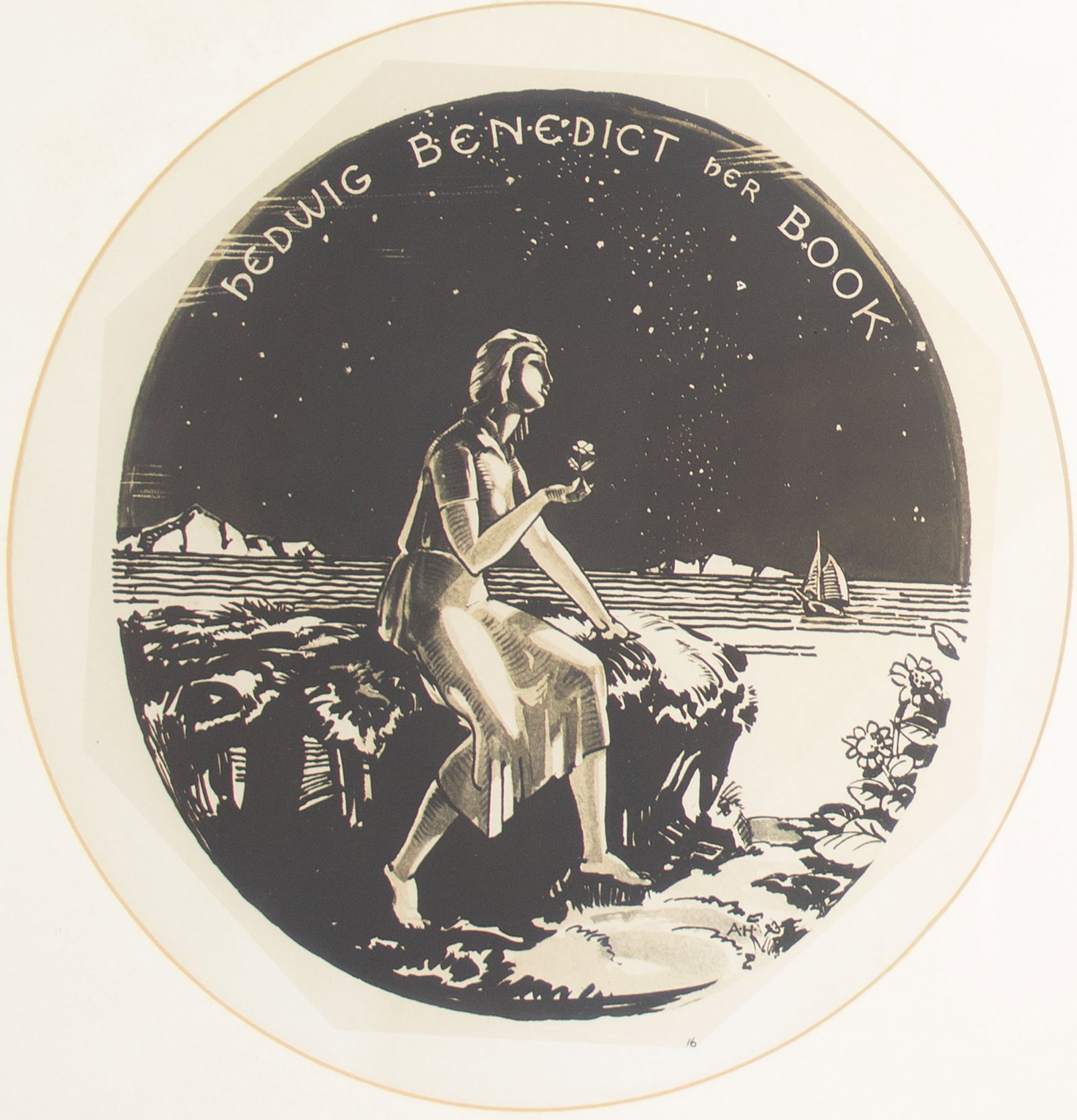 Bookplate Ink Painting Signed "A.H.": Ink painting for a bookplate design signed "A.H." lower right. Measurements: 15.75" W x 16" H x .5" D (frame); 9.75" W x 10" (sight). In house shipping availab