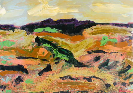 Harry Hilson 1980s Abstract Acrylic on Canvas Landscape Painting: 1980s acrylic on canvas abstract landscape painting by Harry Hilson (American; 1935-2004). Signed lower right. Harry Hilson was active from the 1950s-2000. He created a variety of works, including oil