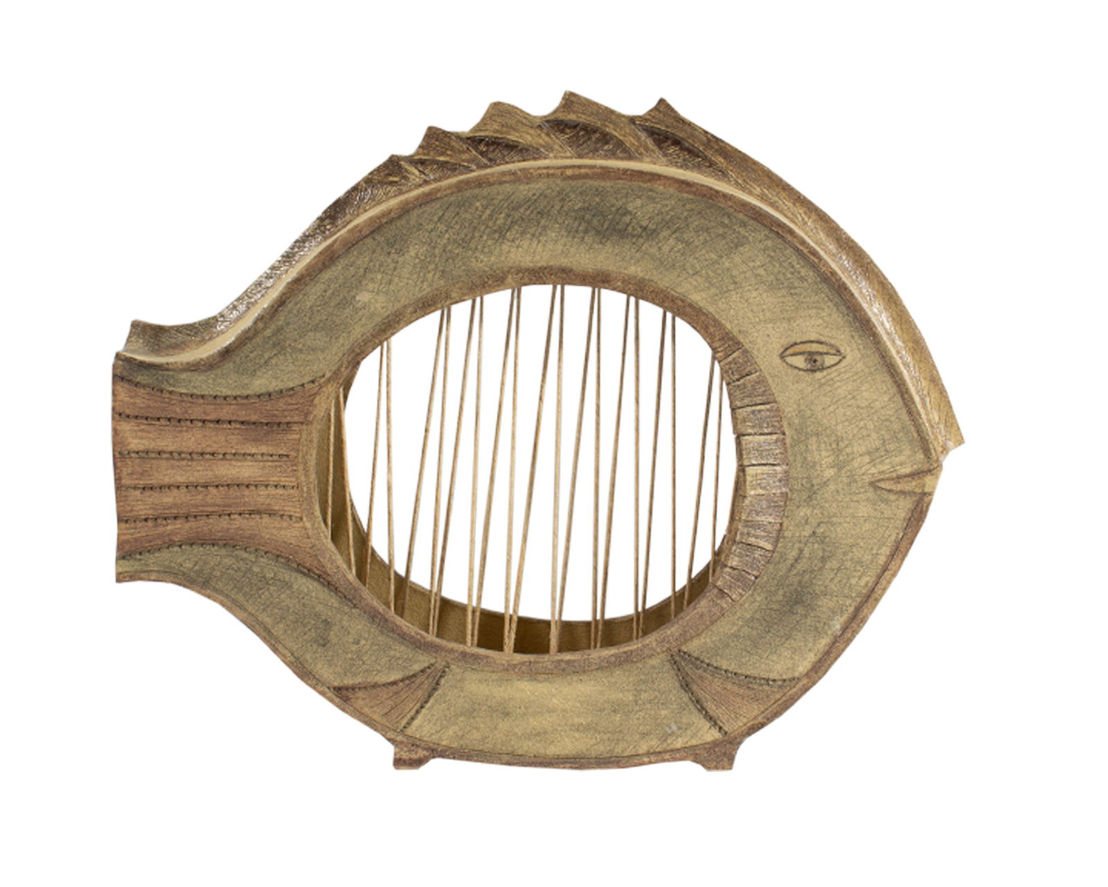 Inna Rogova “Strings" Studio Pottery Stoneware Fish Sculpture: Studio pottery stoneware sculpture of a stylized fish titled, Strings, by artist Inna Rogova (Russian; 20th/21st century). Signed with a conjoined “??” chopmark on back of the tail and a galle