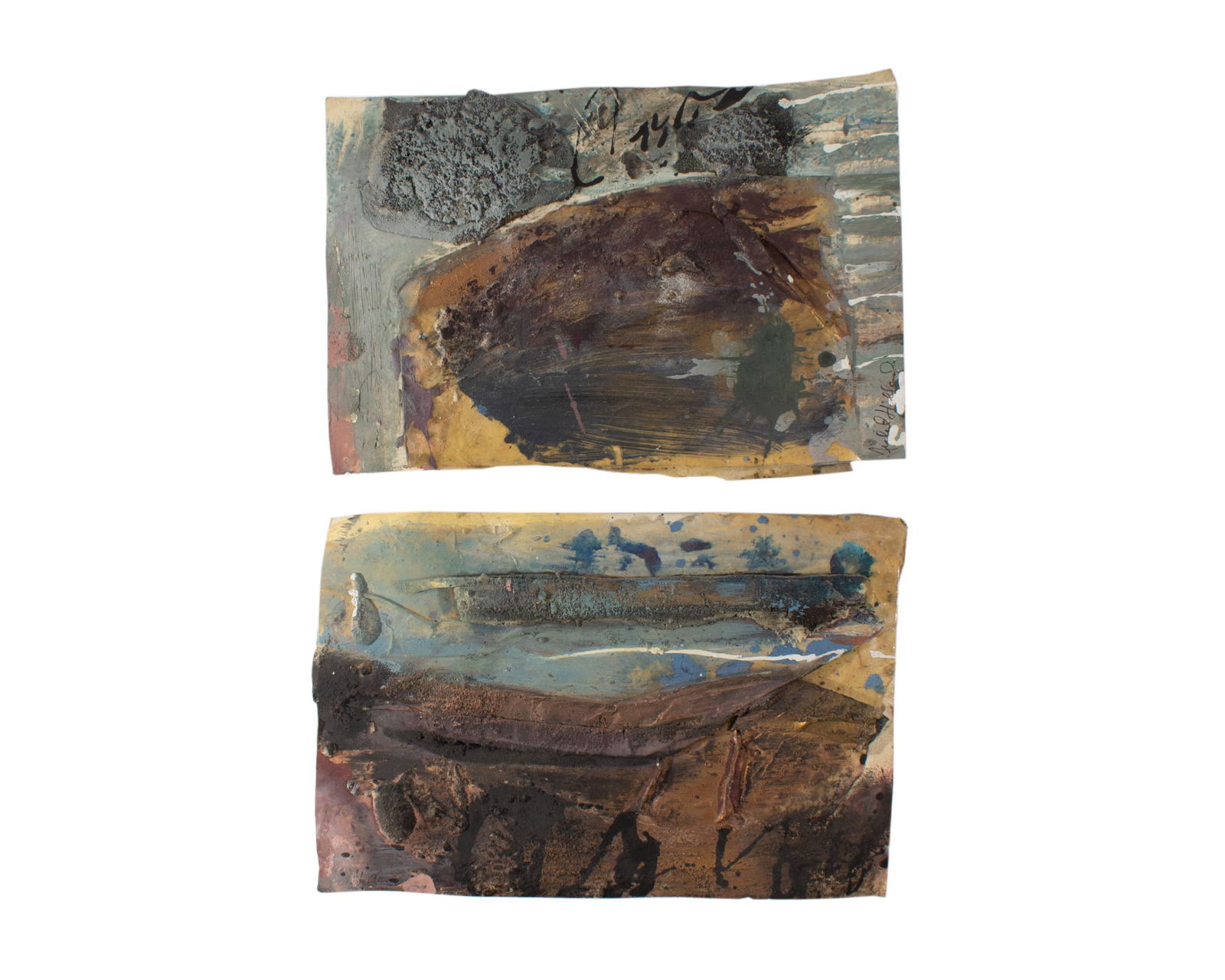 Juliet Holland 1989 "Forzivia" Mixed Media Paintings and Collages: 1989 mixed media paintings and collages by the artist Juliet Holland (American; 1937-2017). Included are works titled Forzivia #12 and Forzivia #21. Both works are signed on the front a