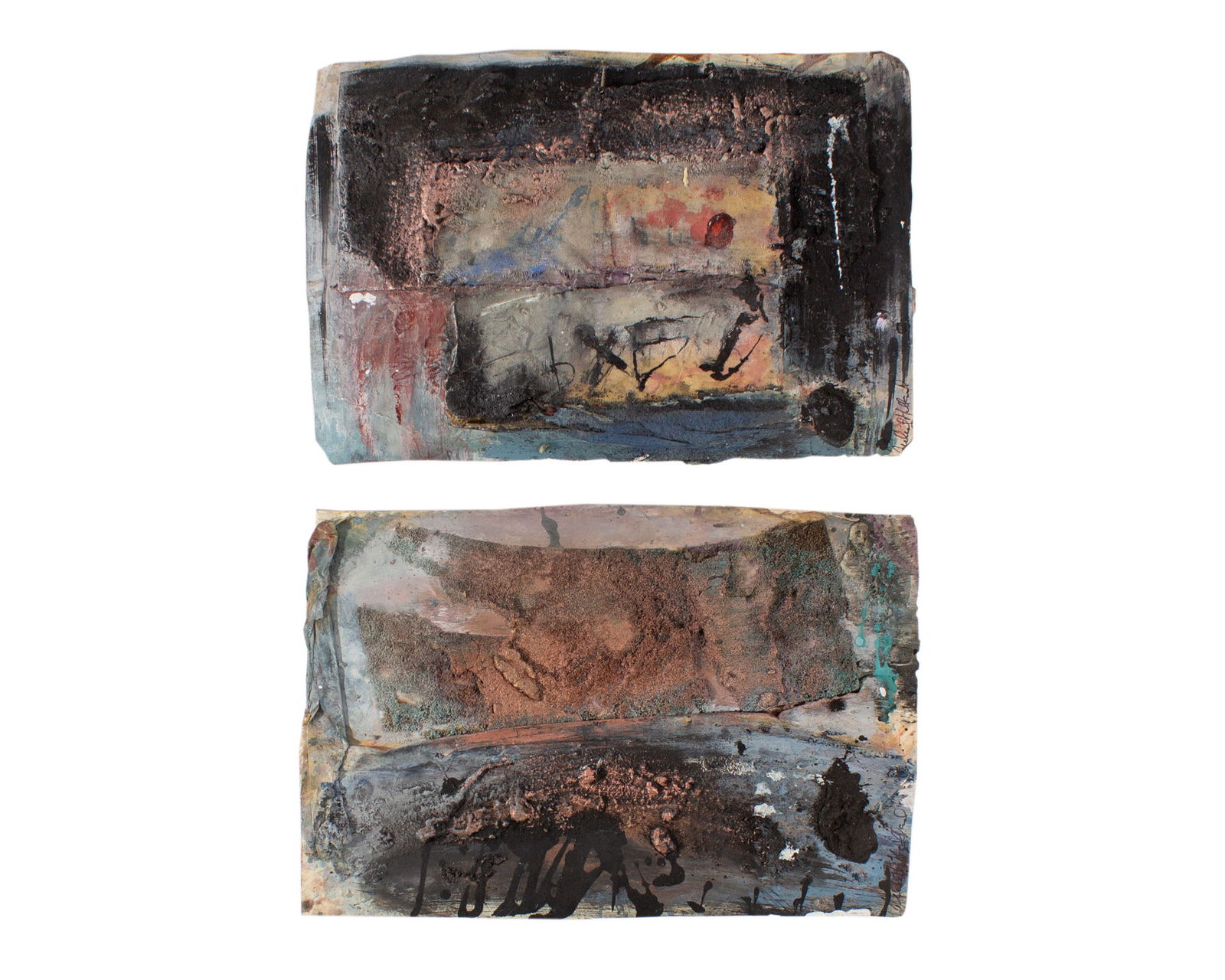 Juliet Holland 1989 "Forzivia" Mixed Media Paintings and Collages: 1989 mixed media paintings and collages by the artist Juliet Holland (American; 1937-2017). Included are pieces titled Forzivia #4 and Forzivia #17. Both works signed to the lower right