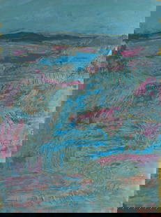Harry Hilson 1980s Acrylic on Paper Abstract Landscape Painting: 1980s acrylic on paper abstract landscape painting by Harry Hilson (American; 1935-2004). Signed lower right. Harry Hilson was active from the 1950s-1990s. He created a variety of works, including oil