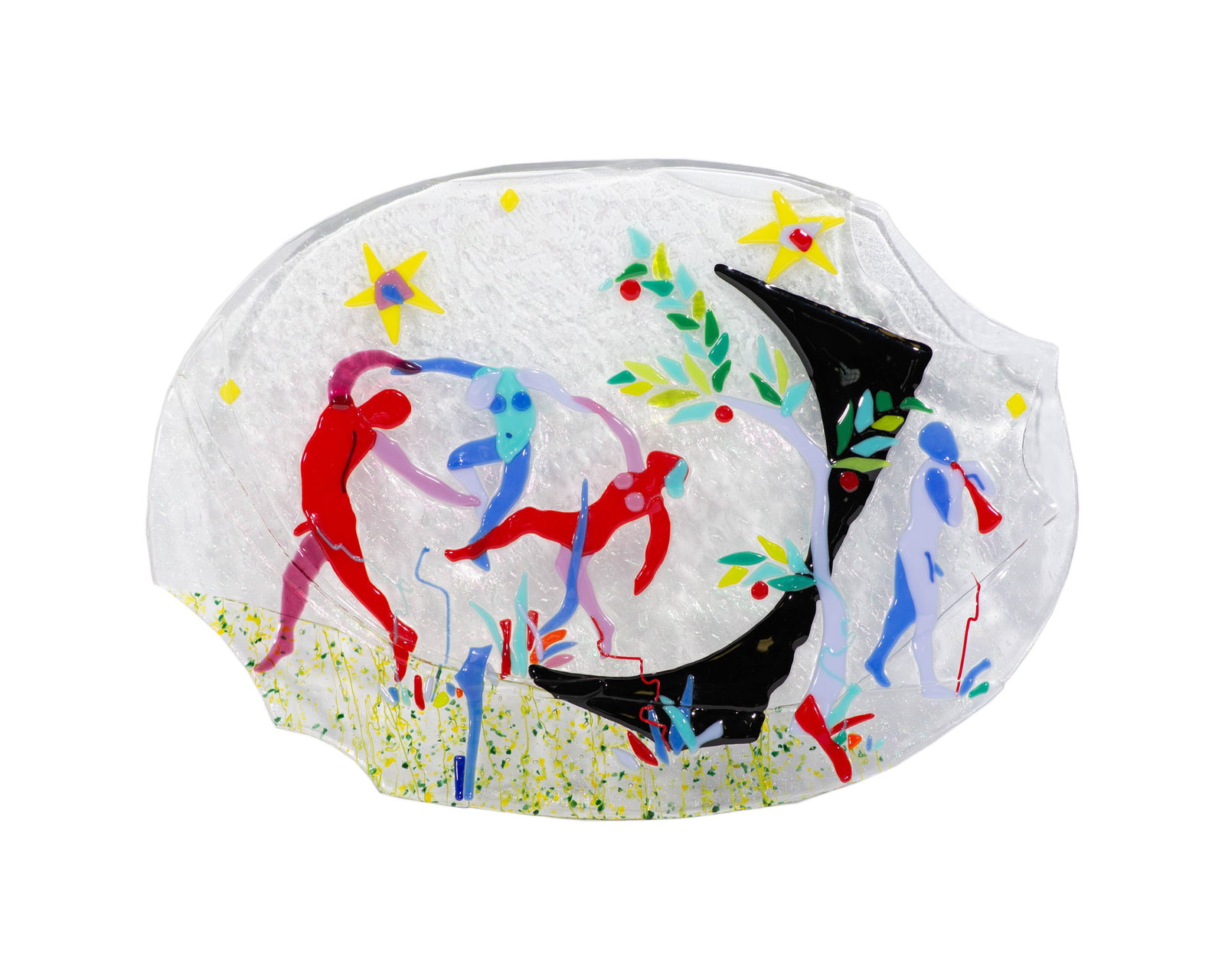 Fused Art Glass Charger After Henri Matisse’s “La Danse: Fused art glass charger featuring a scene inspired by Henri Matisse's La Danse. Unsigned. Measurements: 1” H x 16.5" W x 11.75” D.