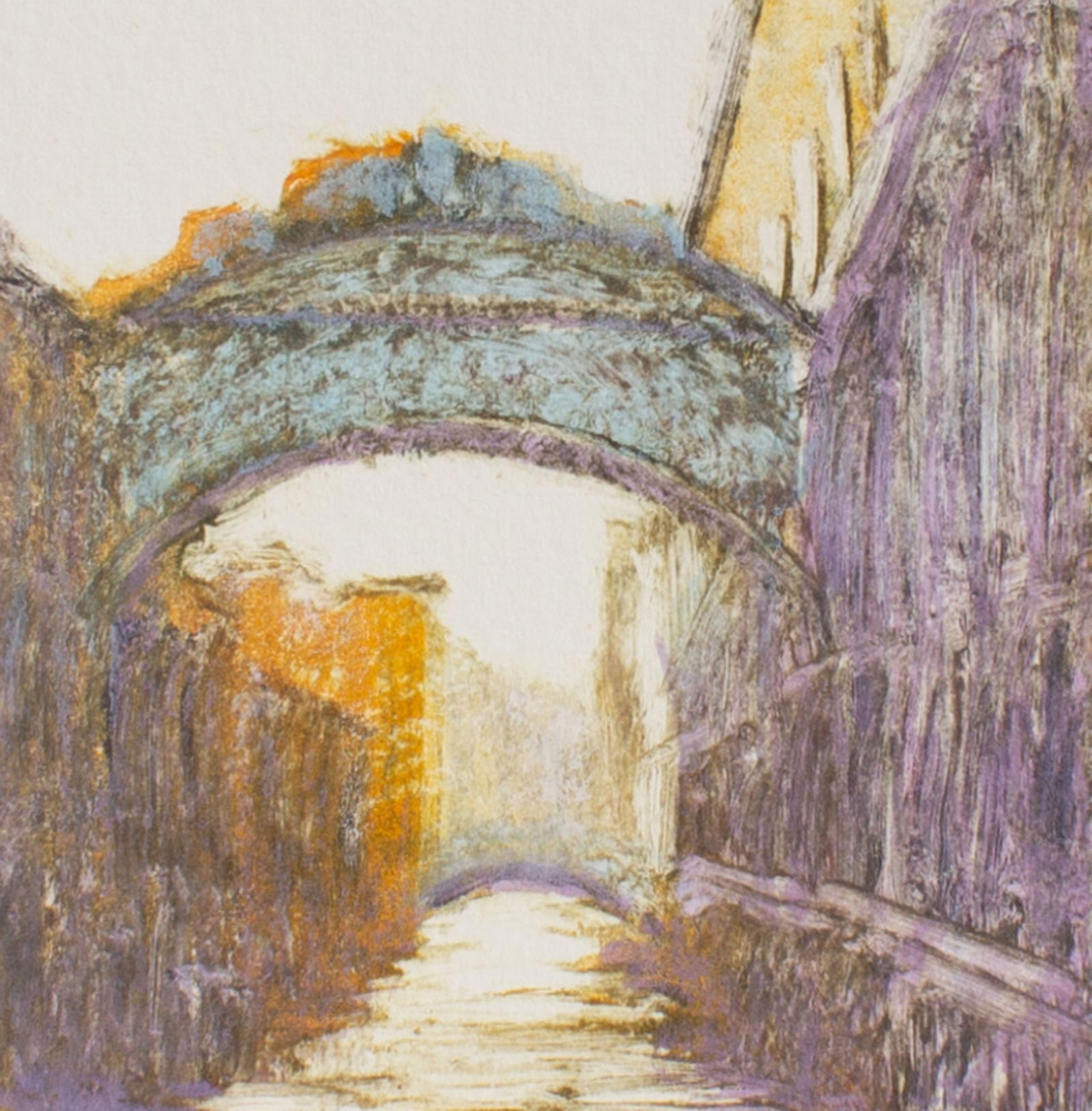 David Allen Dunlop "Sighs, Venice" Monoprint with Watercolor: Monoprint with watercolor of the Bridge of Sighs, Venice by artist David Allen Dunlop (American; 20th/21st century). Titled Sighs, Venice. Signed lower right. Measurements: 11" H x 11&q