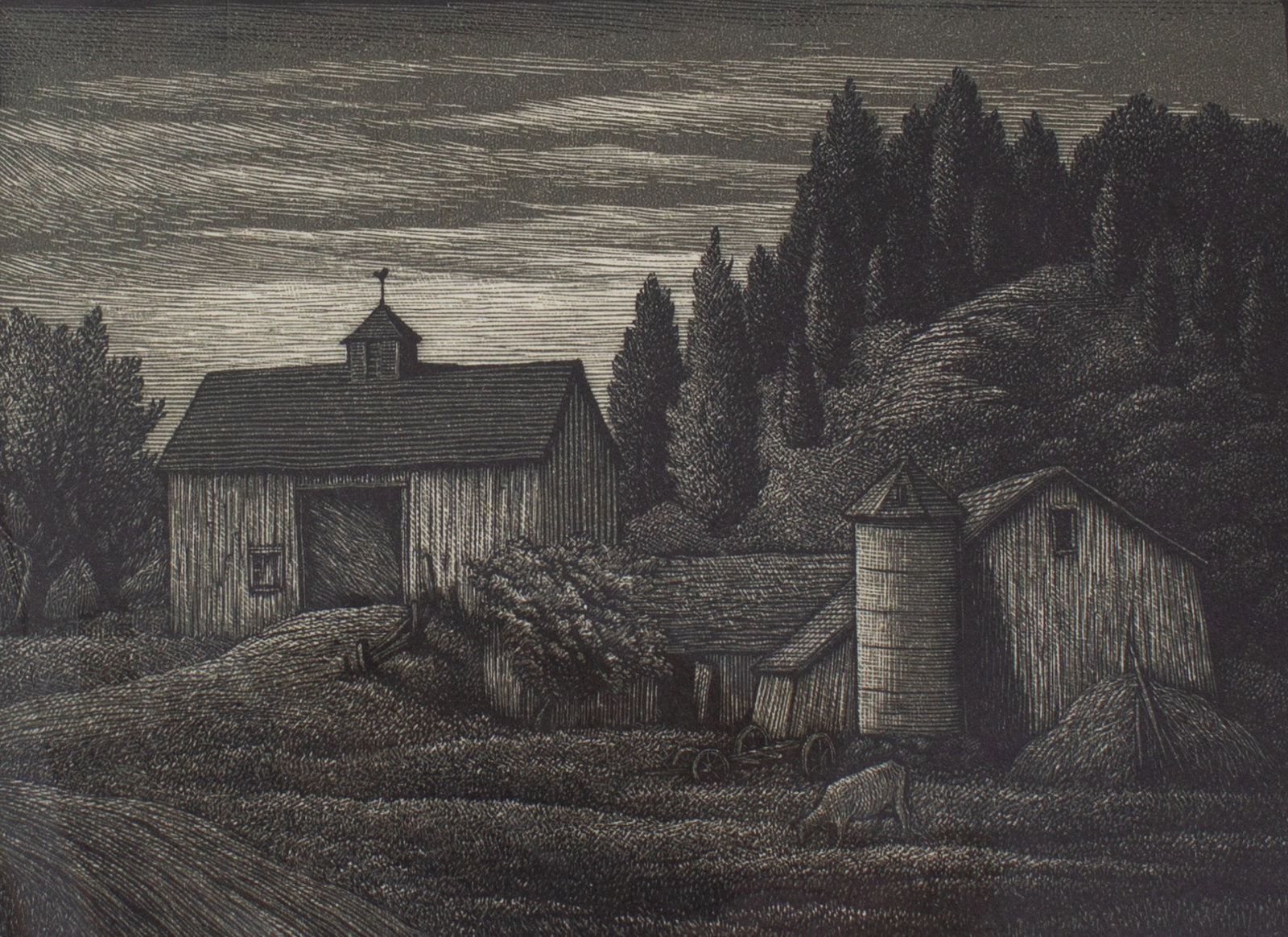 Thomas W. Nason 1939 "Barns and Wooden Hillside" Wood Engraving (1 of 5)