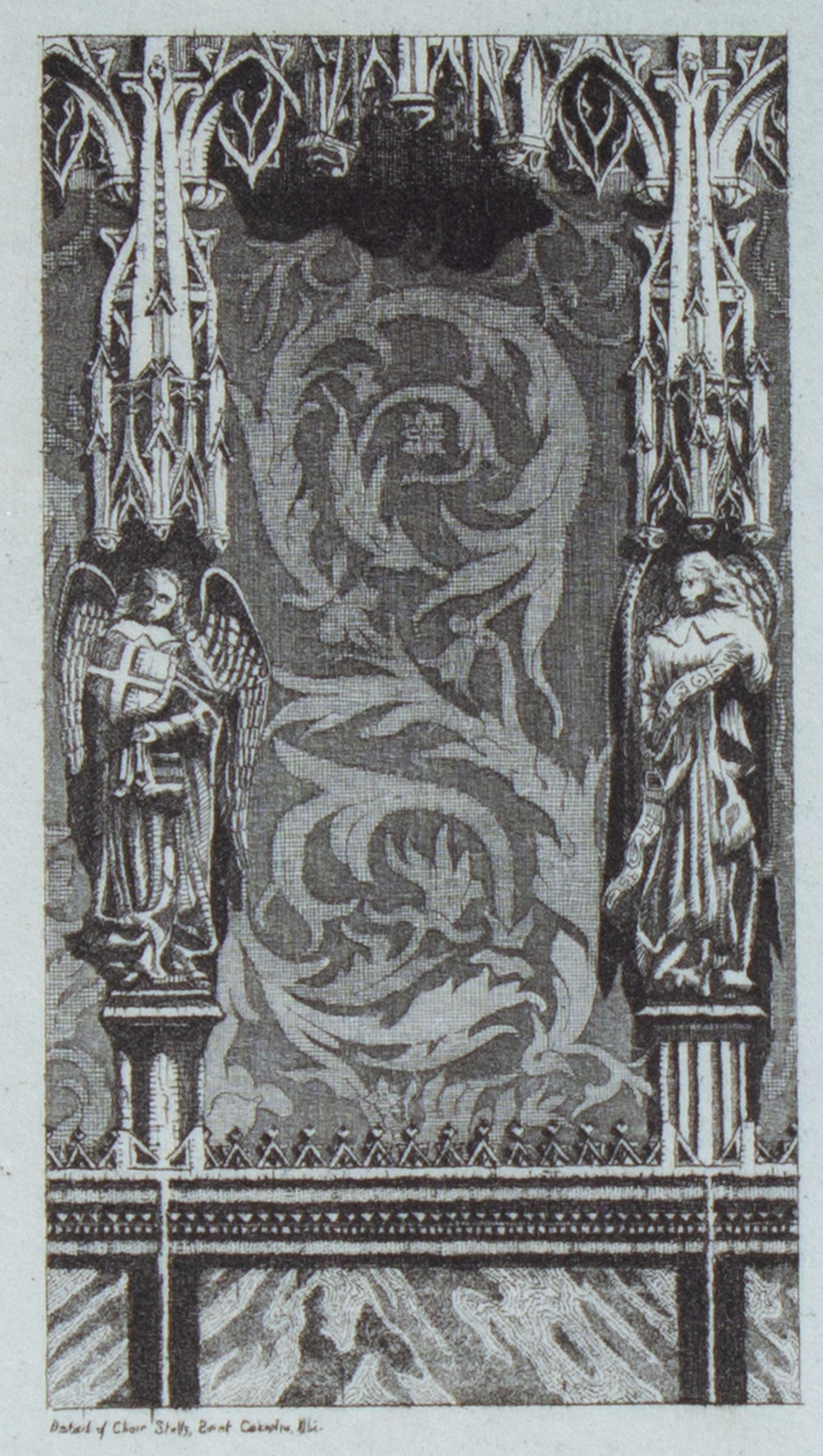 John Taylor Arms 1938 "Detail of Choir Stalls, Saint Cecilia, Albi" Etching: 1938 highly detailed miniature etching titled Detail of Choir Stalls, Saint Cecelia, Albi by John Taylor Arms (American; 1887-1953). Signed and dated in pencil lower right, marked "Ed.