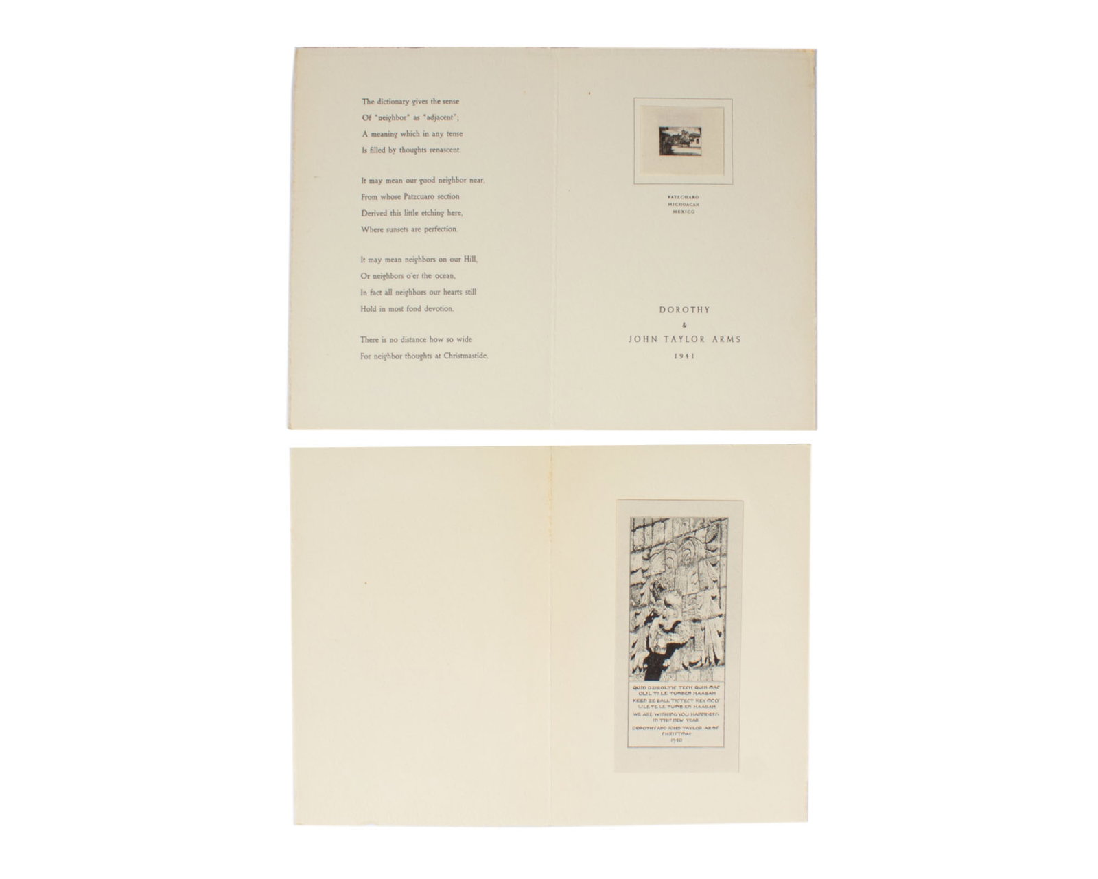 John Taylor Arms 1940s Christmas Card Prints: Two miniature prints that were given as part of Christmas cards by artist John Taylor Arms (American; 1887-1953). Included is a 1941 print titled Patzcuaro Michoacan Mexico (Miniature series
