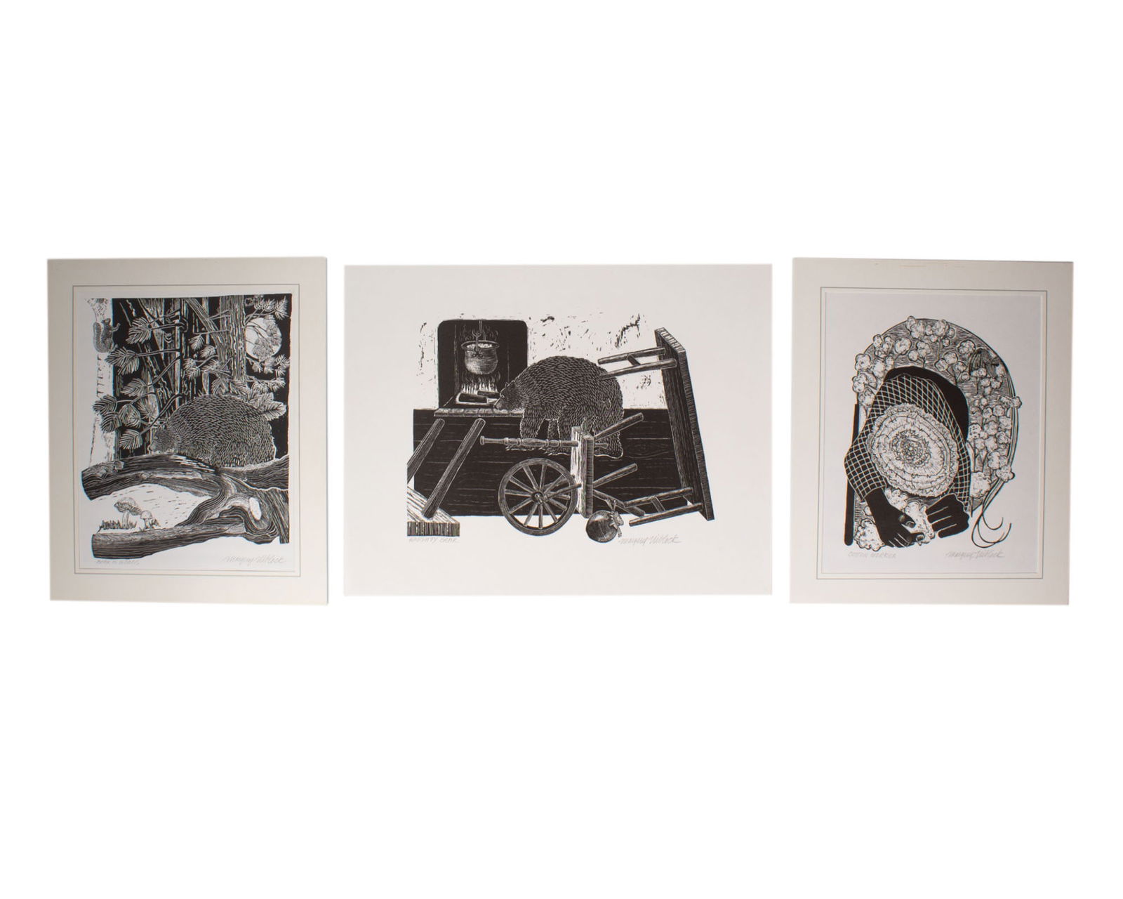 Margery Niblok Prints "Bear in Woods," "Naughty Bear," and "Cotton Worker" (1 of 7)