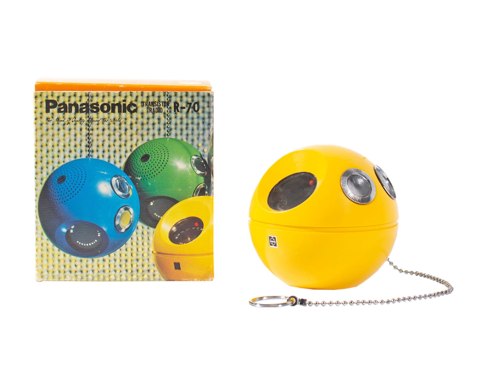 Panasonic "Panapet" Yellow Ball Transistor Radio 1970s, Model R-70: 1970s "Panapet" transistor yellow ball radio produced by Panasonic. Comes with original box. Measurements: 5.5" H x 5.25" W 5.25" D (box); 4.25" H x 4.5" W x 4