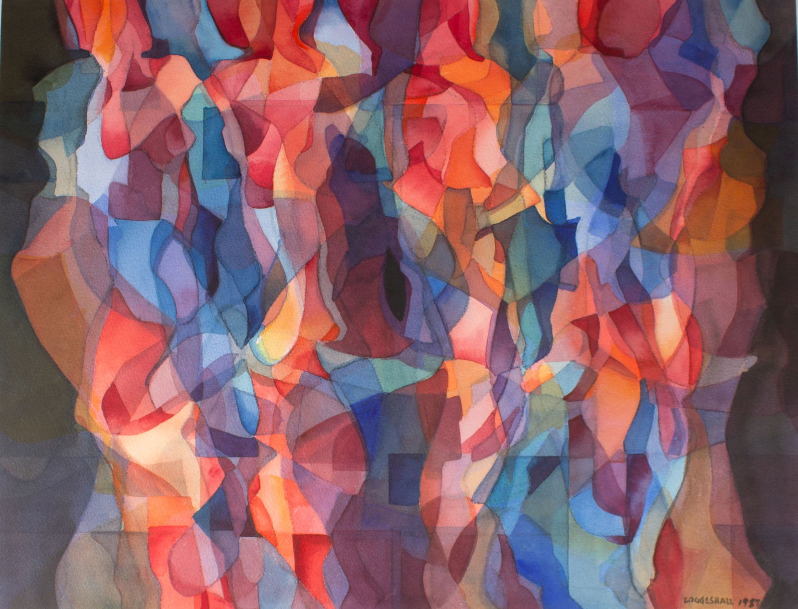 George Coggeshall 1987 Abstract Watercolor Painting: 1987 abstract watercolor painting by George Coggeshall (American; 1914-1994). Signed and dated lower right. Measurements: 23" W x 18" H. In house shipping available. Art