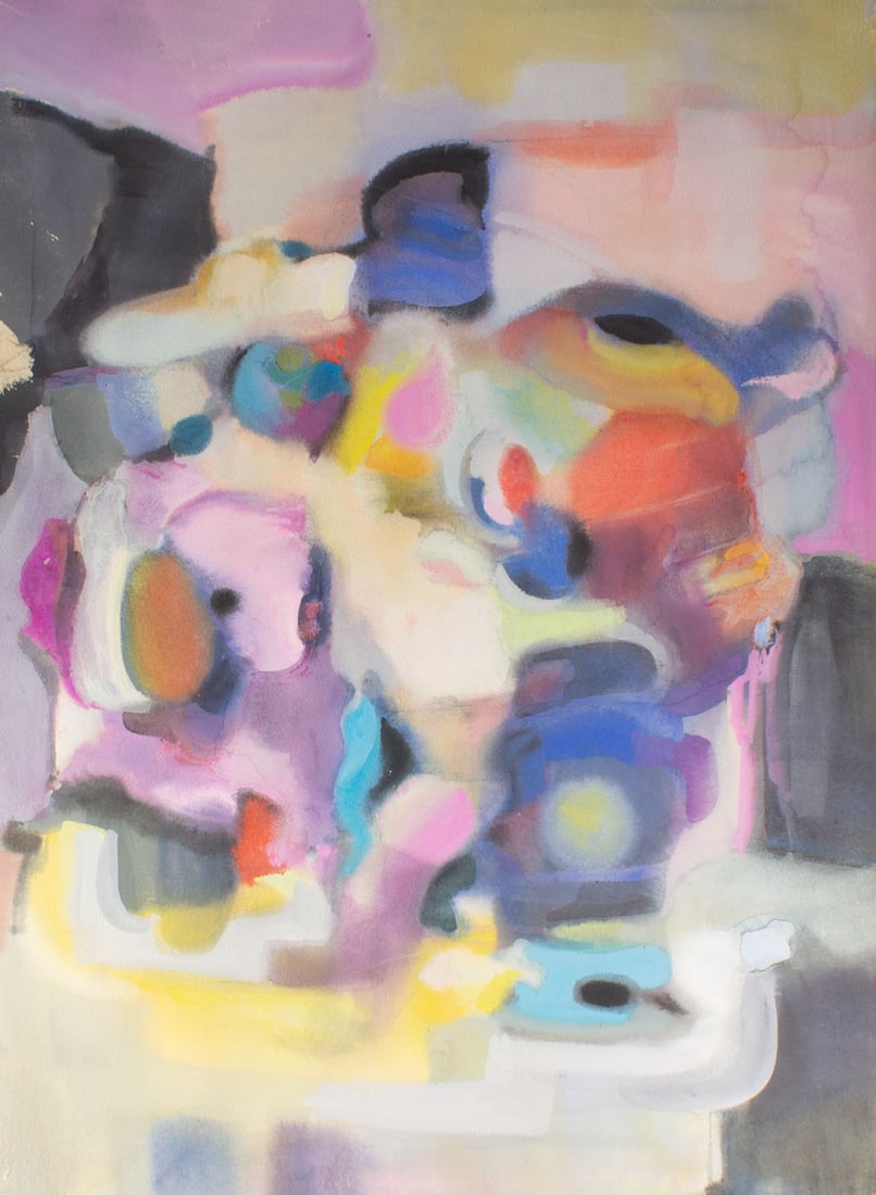 George Coggeshall Abstract Gouache Painting: Abstract gouache painting by George Coggeshall (American; 1914-1994). Unsigned, estate stamped verso. Measurements: 21" W x 29" H. In house shipping available. Artist bi