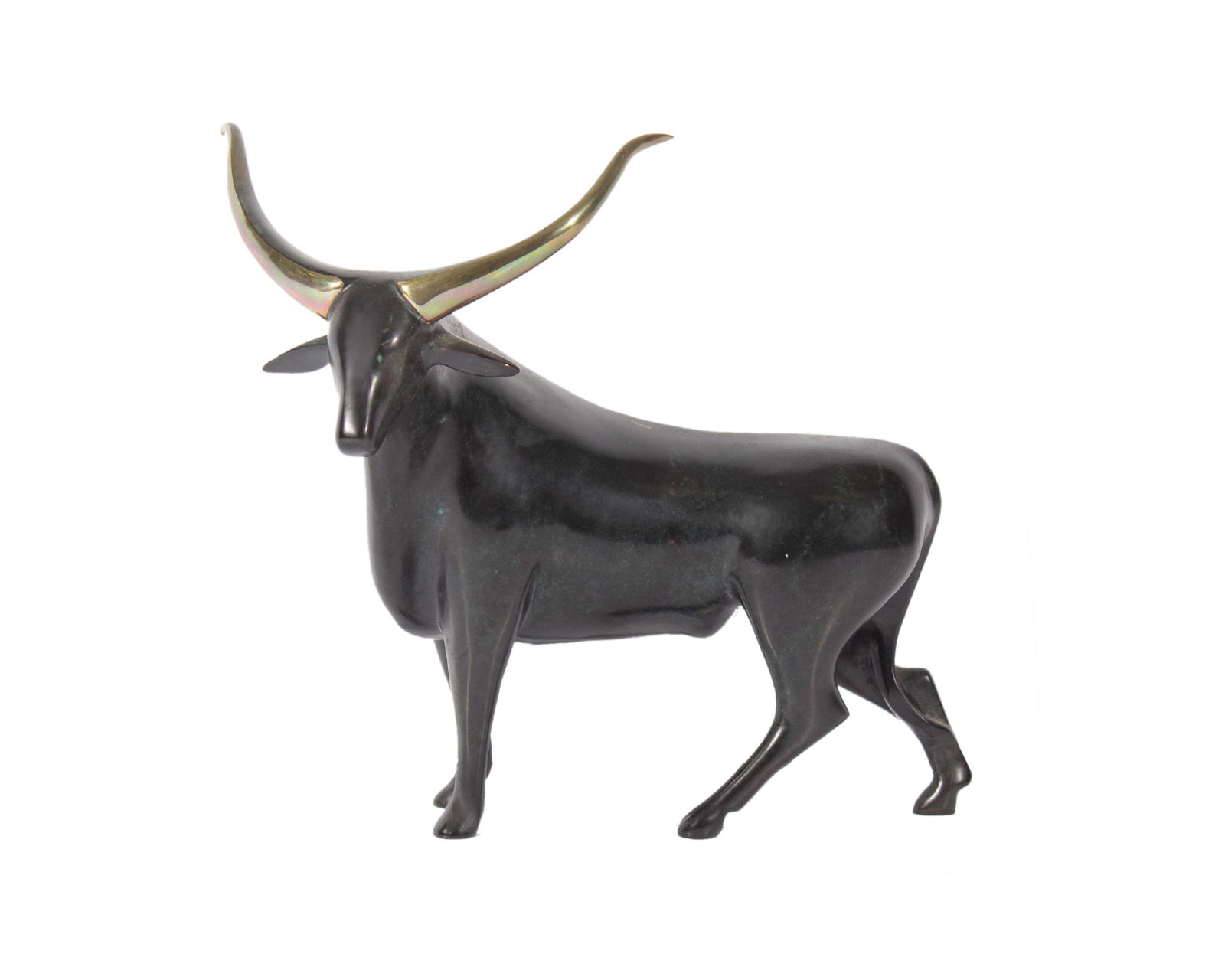 Loet Vanderveen “Bull" Bronze Sculpture: Bronze bull sculpture by the sculptor Loet Vanderveen (Dutch; 1921-2015). The underside of the sculpture is signed and numbered 76/500. Measurements: 9” W x 7.75” H x 4” D. In house
