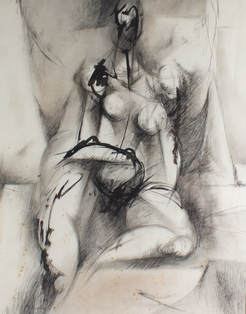 Abstract Ink and Charcoal Drawing of a Nude Figure: Abstract ink and charcoal drawing. Signed illegibly to the lower left. Measurements: 29.75” x 33.75” x .75” (frame); 17.75” x 22.25” (sight). In house 