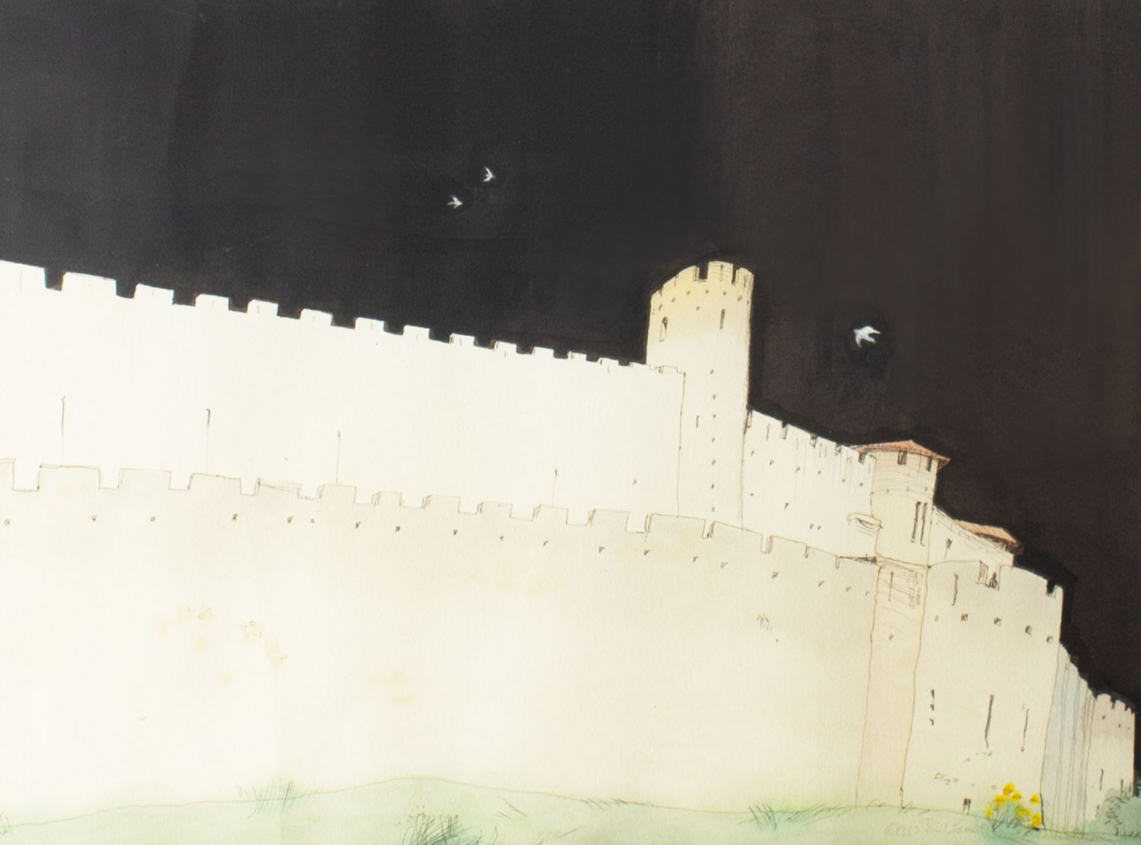 Paul F. Samuelson 1993 "Carcassonne" Watercolor and Ink Drawing (1 of 3)
