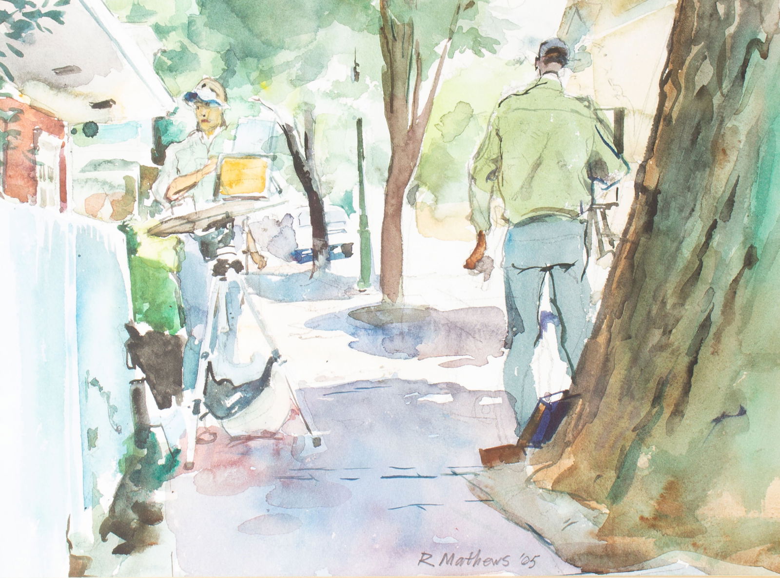 Richard L. Matthews 2005 "Plein Air Painters" Watercolor Painting: 2005 watercolor painting of a street scene by artist Richard L. Matthews (American; 20th/21st century). Titled Plein Air Painters. Signed and dated lower edge. Measurements: 21.5"