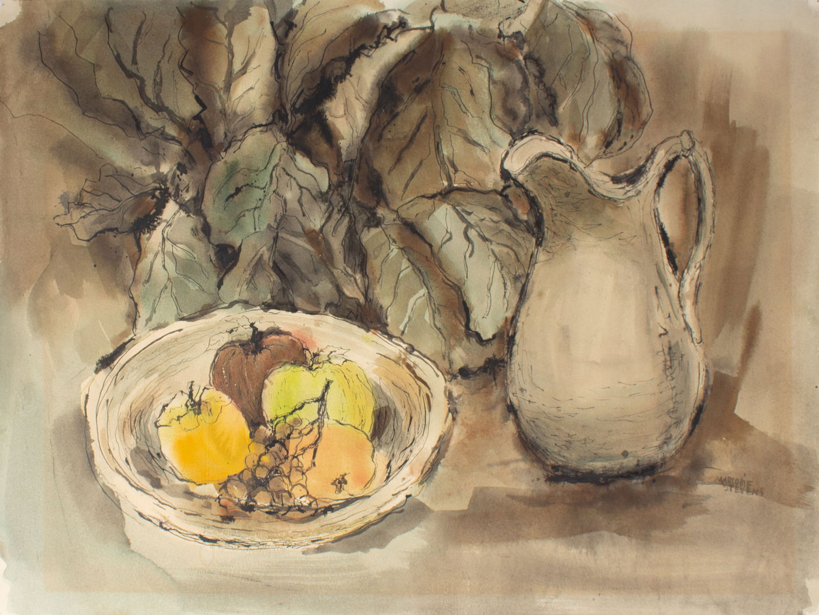 Marjorie Stevens Watercolor Still Life Painting: Watercolor still life painting by Marjorie Stevens (American; 1902-1992). Signed lower right. Measurements: 17" H x 22" H. From AskArt: Born in Terra Haute, IN on March 8, 1902