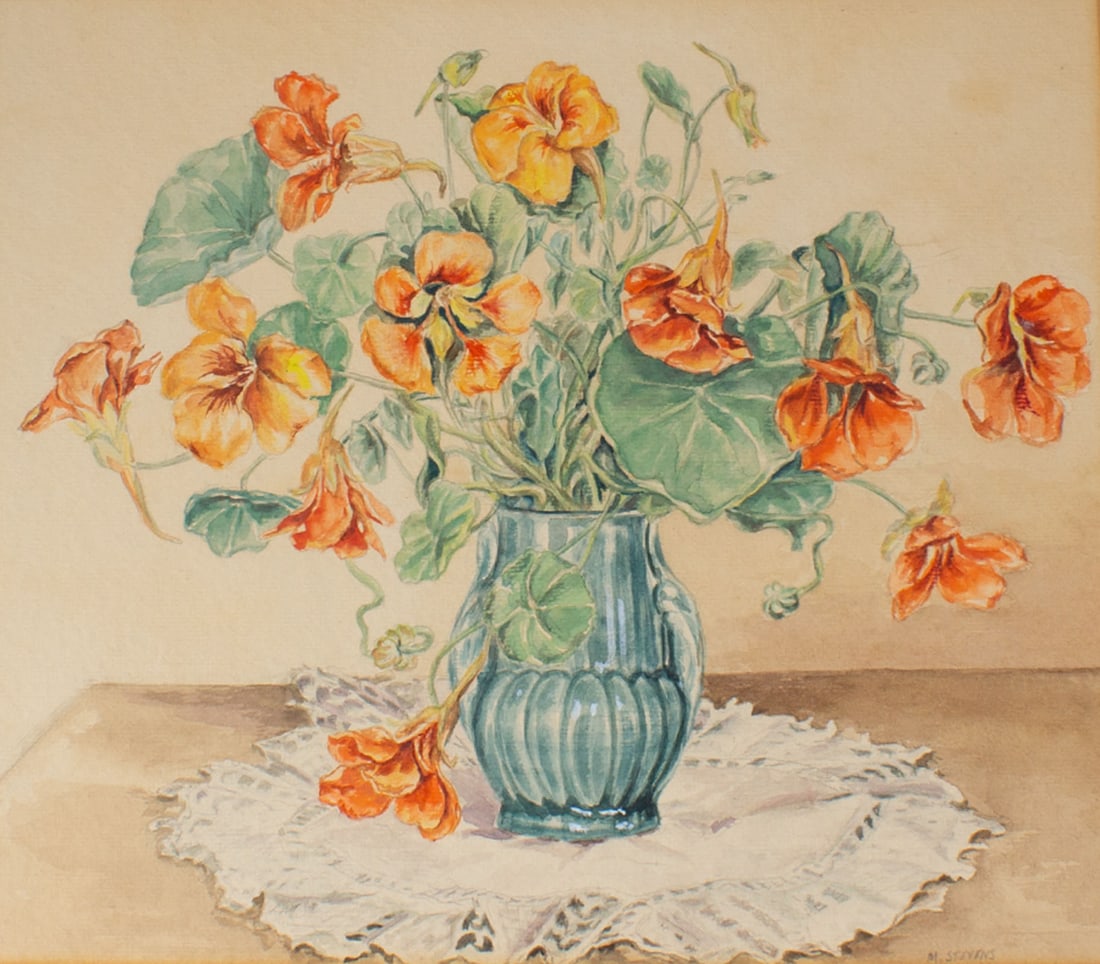 Marjorie Stevens Watercolor Still Life Painting of Nasturtiums: Watercolor still life painting on board of a vase of nasturtiums by Marjorie Stevens (American; 1902-1992). Signed lower right. Measurements: 20" H x 21" W (overall); 14" H x 15.75 W (p