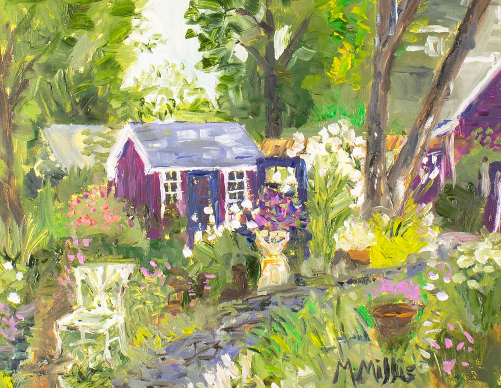Mark Millis 2021 "She Shed Purple" Oil on Board Painting: 2021 oil on board painting of a landscape and purple shed by artist Mark Millis (American; 20th/21st century). Tilted She Shed Purple. Signed lower right. Titled and dated verso. Measureme