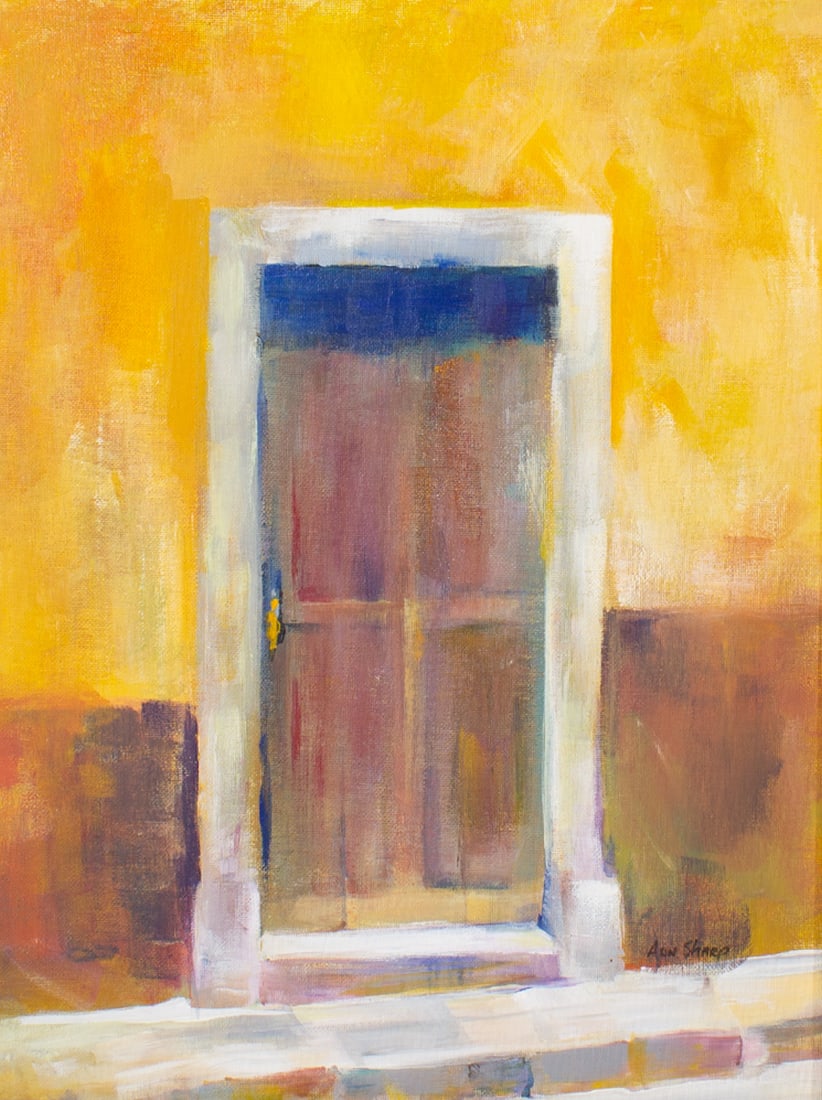 Ann Sharp 2005 “Come In" San Miguel, Mexico Oil on Board Painting: 2005 oil on board painting by American artist Ann Sharp. Titled Come In, this piece was inspired during the artist's time in San Miguel, Mexico. Signed to the lower right corner, as well as titled, si