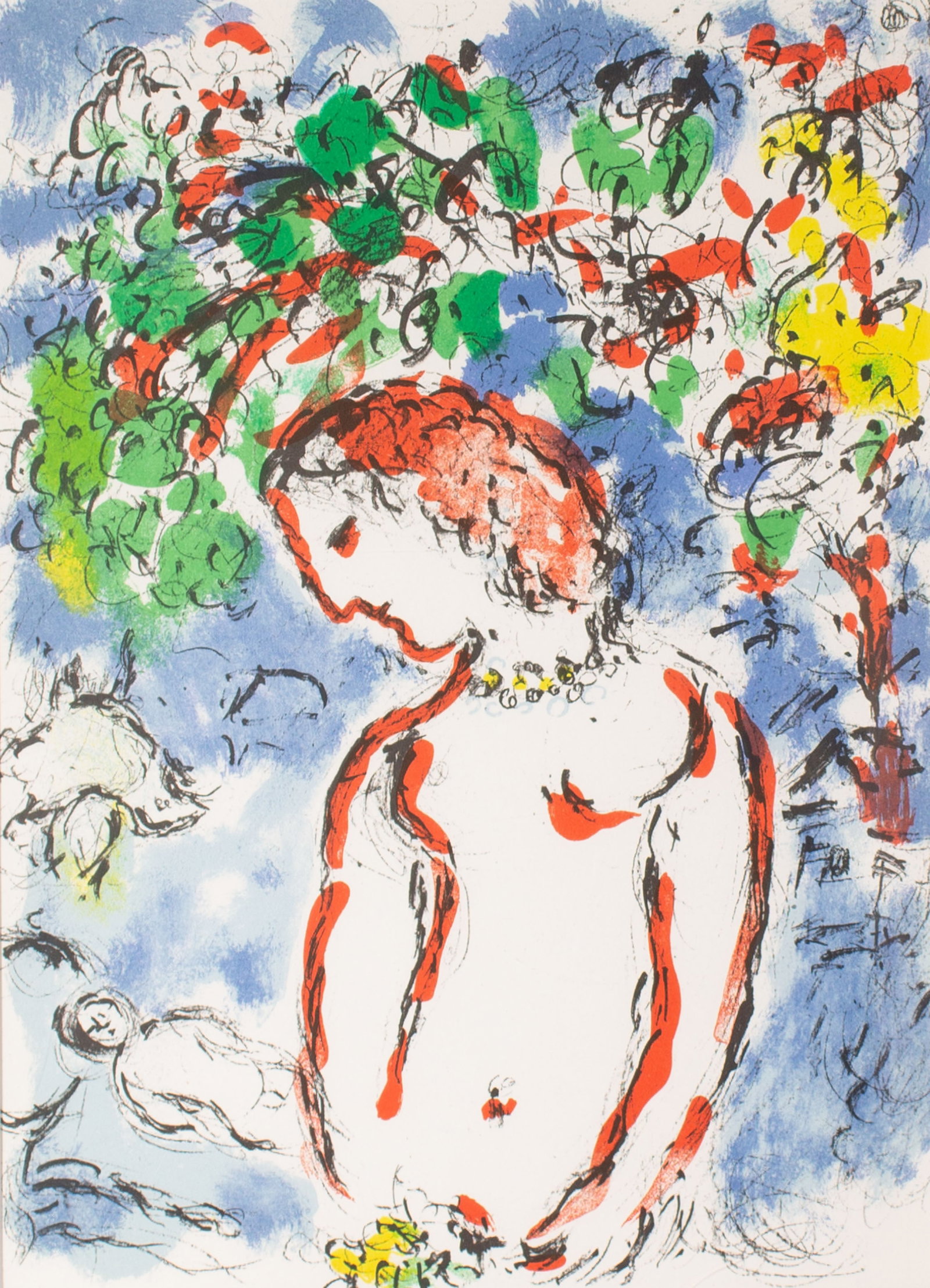 Marc Chagall 1972 Lithograph "Jour de Printemps" from "Derrière le Miroir," No. 198: 1972 lithograph titled Jour de Printemps of a nude female figure by Marc Chagall (Russian-French; 1887-1985). Lithograph pulled from the French art publication Der