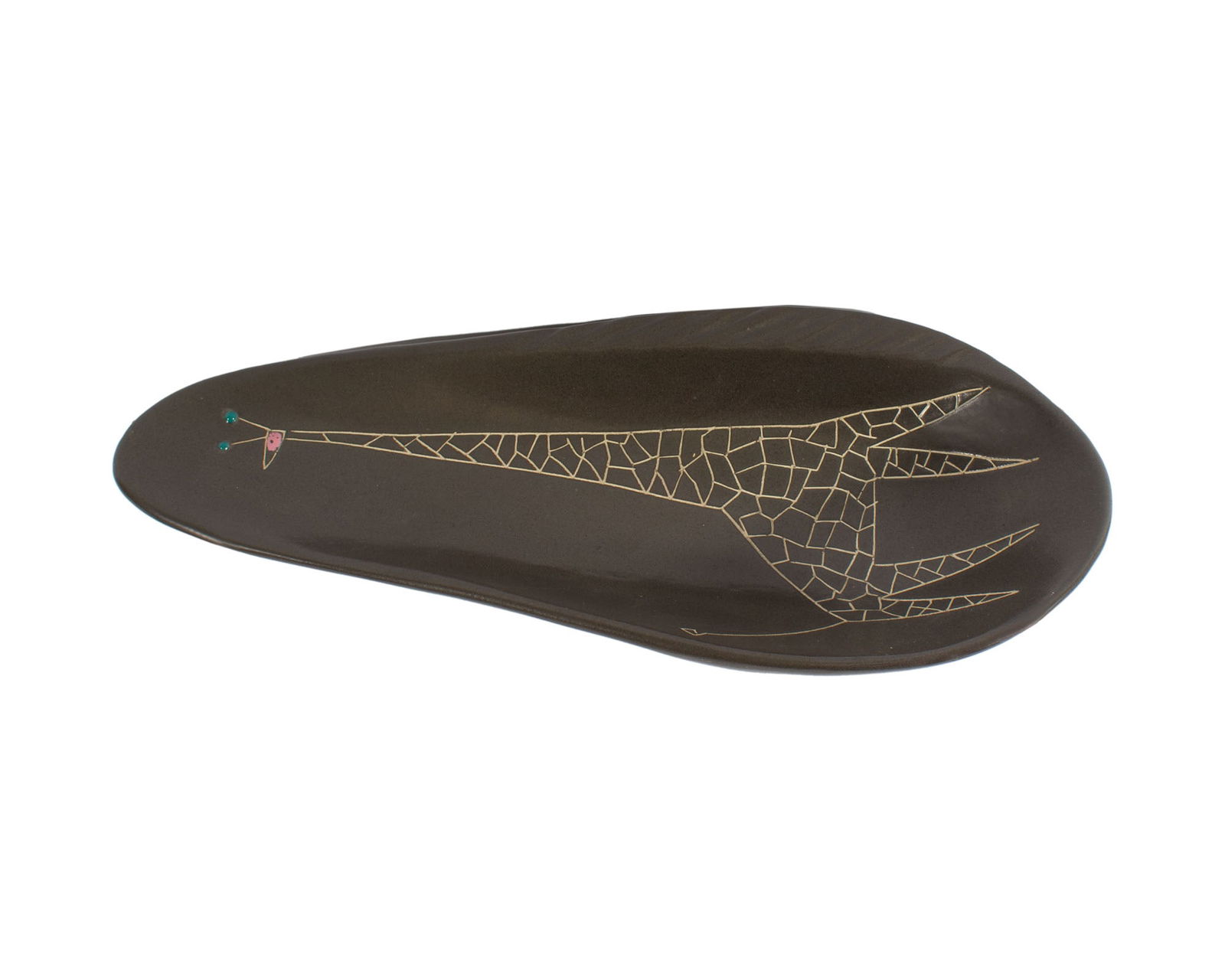 Harris Strong Giraffe C-41 Ceramic Ashtray Catchall: Ceramic ashtray or catchall by Harris Strong. The underside of the ashtray is marked "C-41 Harris Strong." Measurements: 16.25” x 3.5” x 6.75”. In h