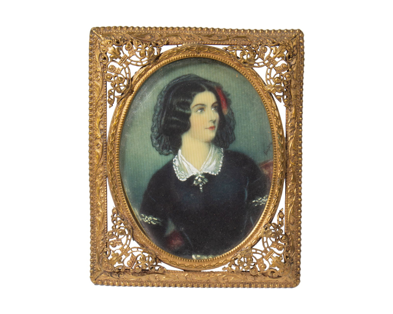 Antique Portrait on Celluloid of Lola Montez: Antique portrait on celluloid of Lola Montez. Ornate metal frame, stamped "Germany" on the back. Measurements: 3.25" W x 4" H x .75" D. In house shipping availab