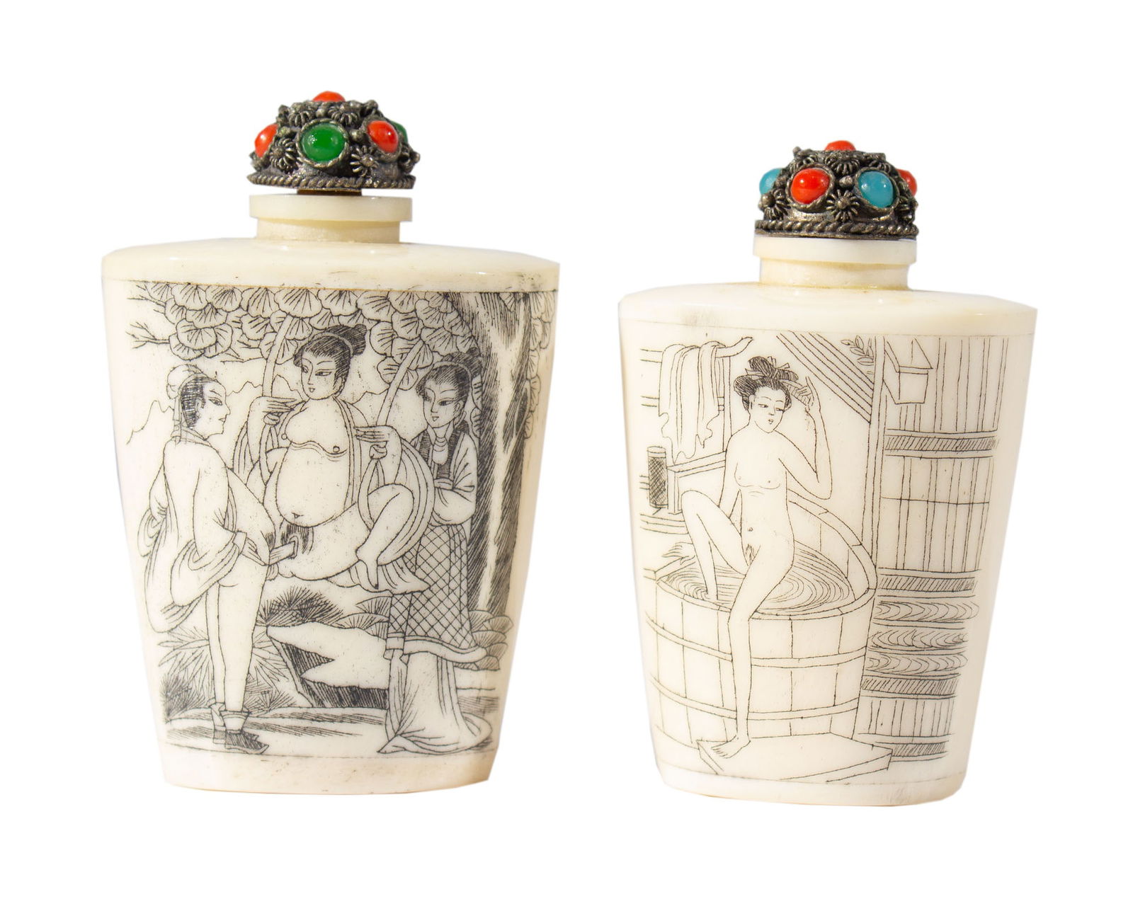 Chinese Erotic Etched Bone Snuff Bottles: Two Chinese etched bone snuff bottles with erotic scenes. Measurements: 2" W x 3" H x 1.5" D (larger bottle). In house shipping available.