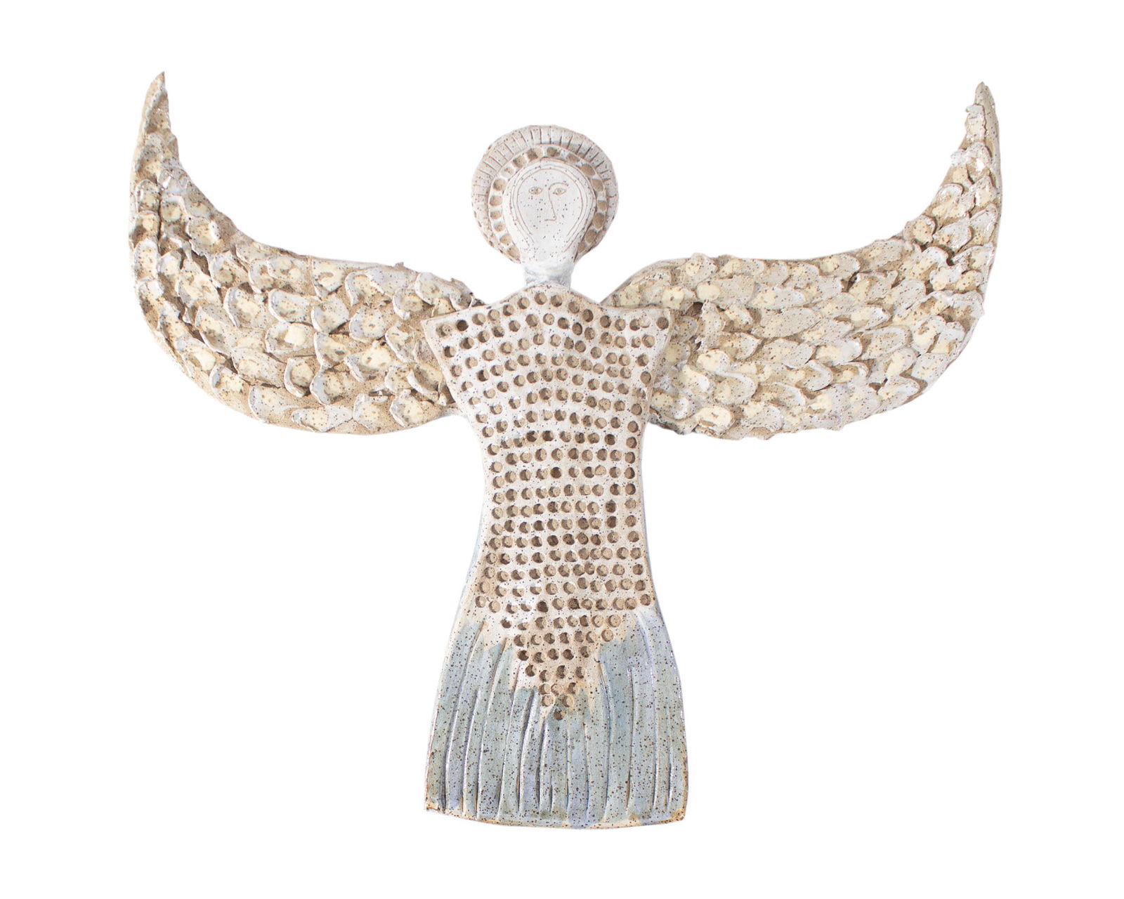 Gordon Martz 2014 Studio Pottery Wall Sculpture of an Angel: 2014 studio pottery wall sculpture of an angel by the Indiana artist Gordon Martz (1924-2015) of Marshall Studios. Signed verso "G. Martz" and dated "MMXIV." Provenance: Pur
