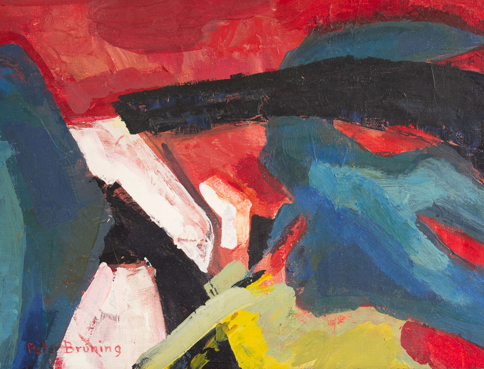 Peter Bruning Oil on Board Abstract Painting: Oil on board abstract painting by Indiana artist Peter Bruning (Dutch-American; 1923-2018). Signed lower left. Born in Amsterdam, Bruning received a doctorate in Germanic studies, as well