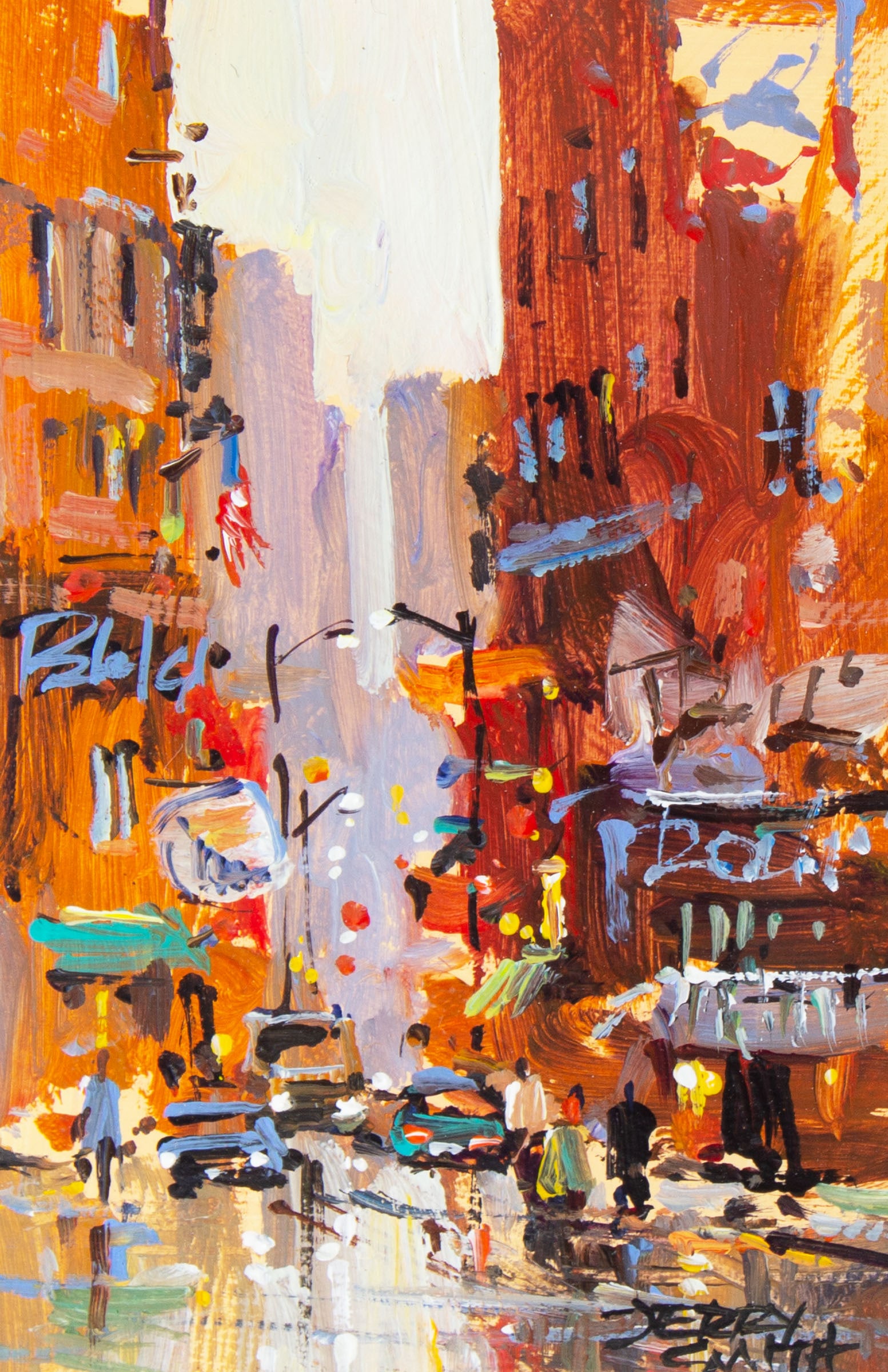 Jerry Smith Acrylic Painting of a City Street: Abstract acrylic painting of a city street by Indiana artist Jerry Smith (American; 1944). Signed lower right. Measurements: 9" W x 13" H x 1" D (frame); 3.75" W 5.75"