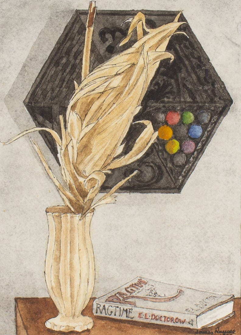 James Spencer Russell 1990 Watercolor Still Life Painting: 1990 watercolor still life painting by Indiana artist James Spencer Russell (American; 1915-2000). The painting depicts dried cornstalks in a vase displayed upon a table next to th