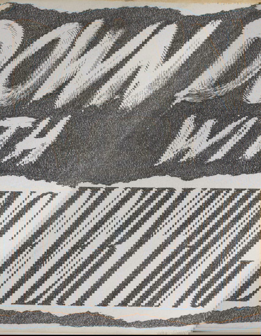 James Spencer Russell “Down with Everything" Graphite Drawing: Graphite drawing titled Down with Everything by Indiana artist James Spencer Russell (American; 1915-2000). Signed to the lower right corner, this work features the words "DOWN WITH EVERYTHING" stacke