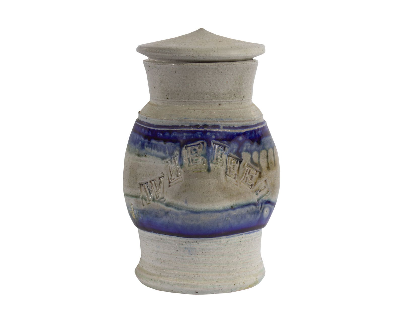 June Skowronski Onesti “Wheeee!" Studio Pottery Canister: Studio pottery canister by the Indiana artist June Skowronski Onesti (American; 1940-2022). Unsigned, this canister has the word "WHEEEE!" impressed on the exterior of the vase. June Skowronski Onesti