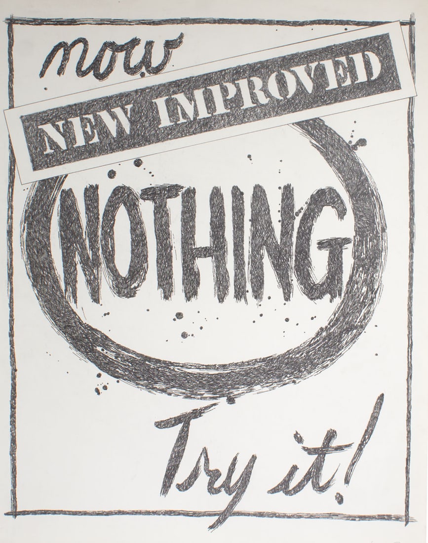 James Spencer Russell “Now New Improved Nothing“ Graphite Drawing: Graphite drawing by the Indiana artist James Spencer Russell (American; 1915-2000). This meticulous drawing depicts the phrase, "Now New Improved Nothing. Try It!" Signed to t