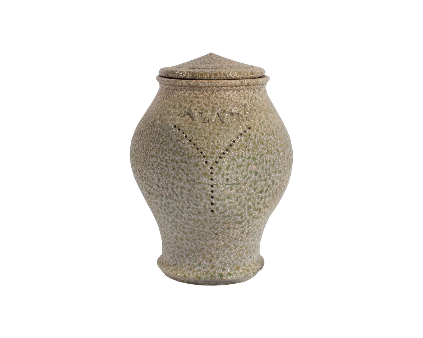 June Skowronski Onesti “Blam!" Studio Pottery Canister: Studio pottery canister by the Indiana artist June Skowronski Onesti (American; 1940-2022). Unsigned, this canister jar has the word "BLAM!" impressed on the exterior of the canister. June Skowronski