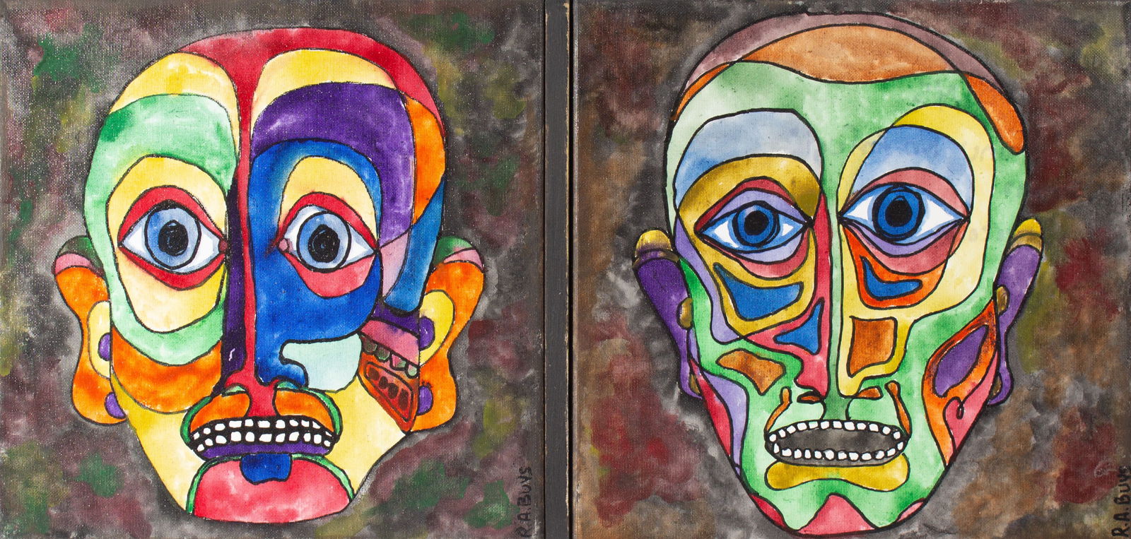 R.A. Buys "Shinu no Hafuri and Ama no Hafuri" Watercolor on Canvas Painting: Watercolor on canvas painting of two faces titled Shinu no Hafuri and Ama no Hafuri by Indiana artist R.A. "Drew" Buys (American; 1973-2021). Signed lower right on each canvas, als