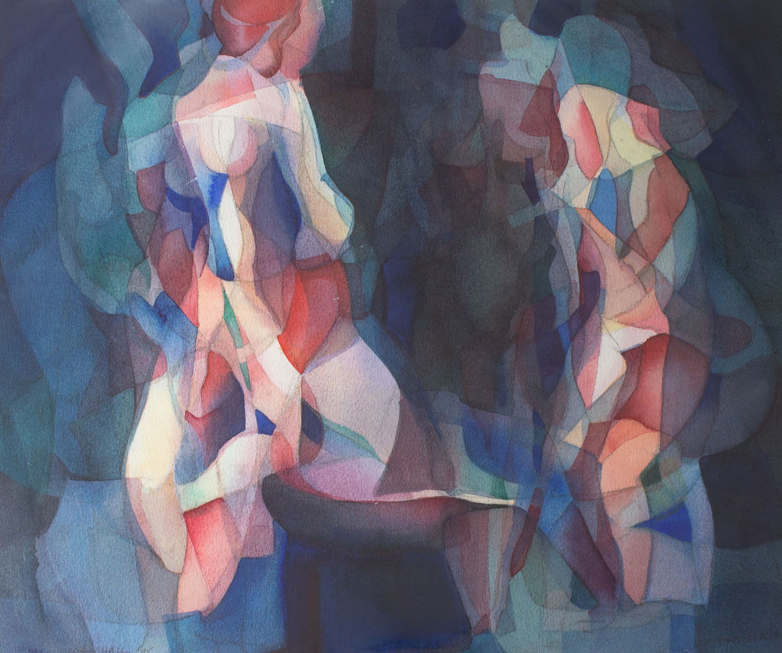 George Coggeshall 1985 Abstract Watercolor Painting: 1985 abstract watercolor painting by George Coggeshall (American; 1914-1994). Signed and dated lower left, estate stamped verso. Measurements: 23" W x 20" H (mat board); 18" W x