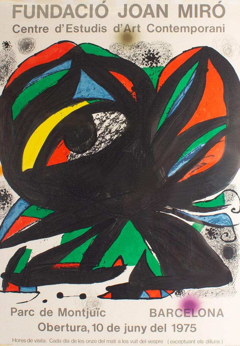 Joan Miró 1975 Exhibition Poster: 1975 lithograph poster after a work by Spanish modern artist Joan Miró (1893-1983) advertising the opening of the Joan Miró Foundation in Barcelona. Measurements: 26.75