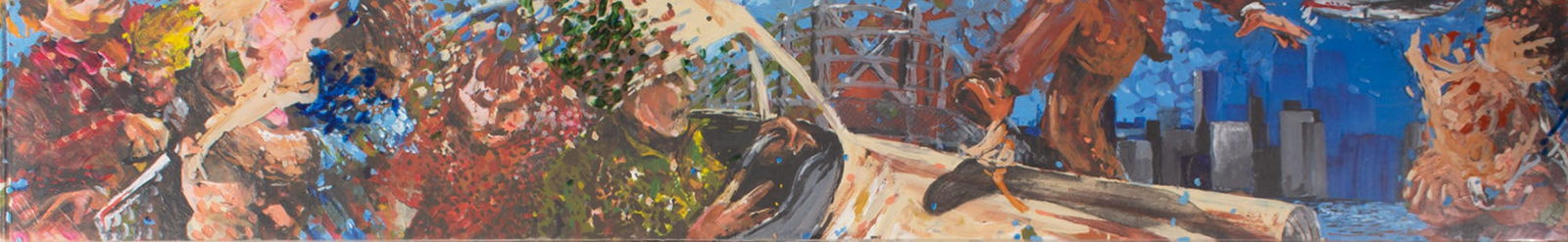 Randy Willier Oil on Acrylic Panel Painting: Oil on acrylic panel and reverse painted acrylic by Randy Willier (American; 20th/21st century). Signed lower right. Measurements: 37.25" W x 6" H x 1" D. In house s