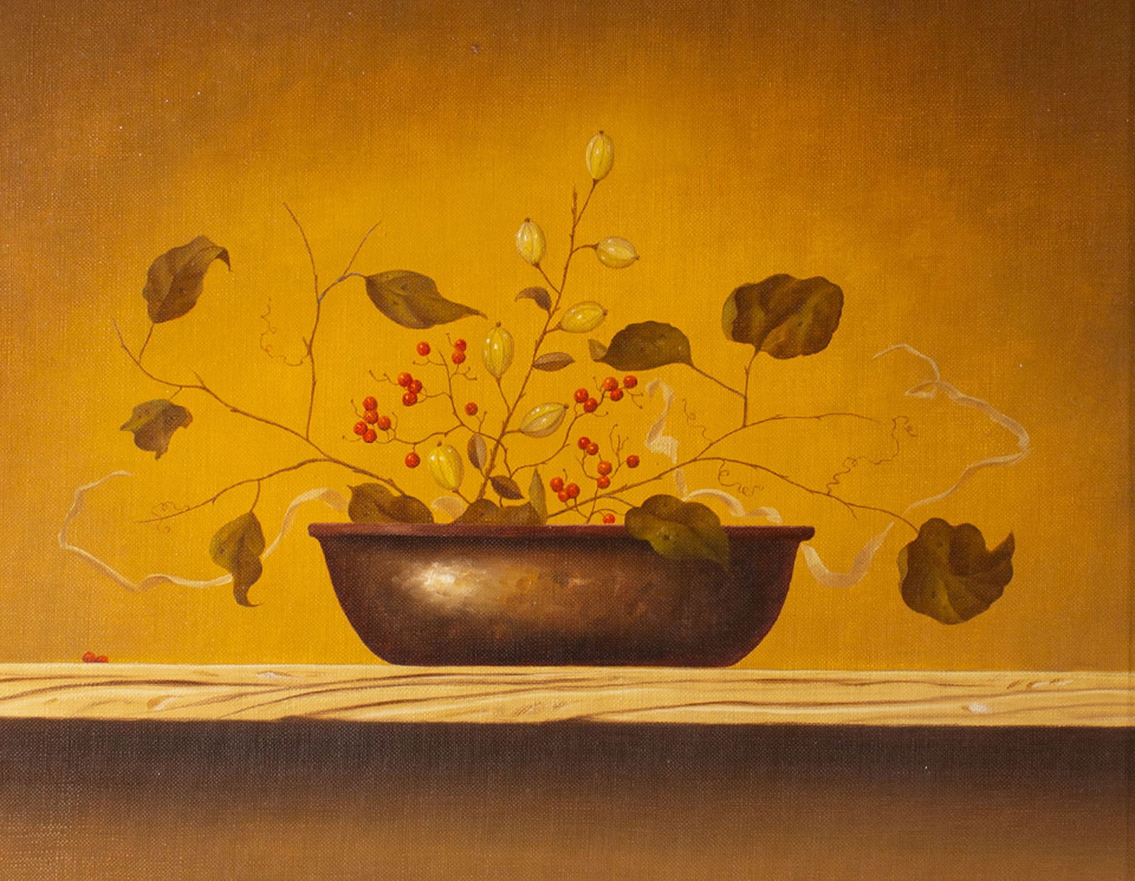 Patrick Farrell 1976 "Still Life with Wild Currants" Oil on Canvas Painting: 1976 oil on canvas still life painting titled Still Life with Wild Currants by Patrick Farrell (American; 1940-2016). Signed lower left; signed, titled, and dated verso. Measurements: