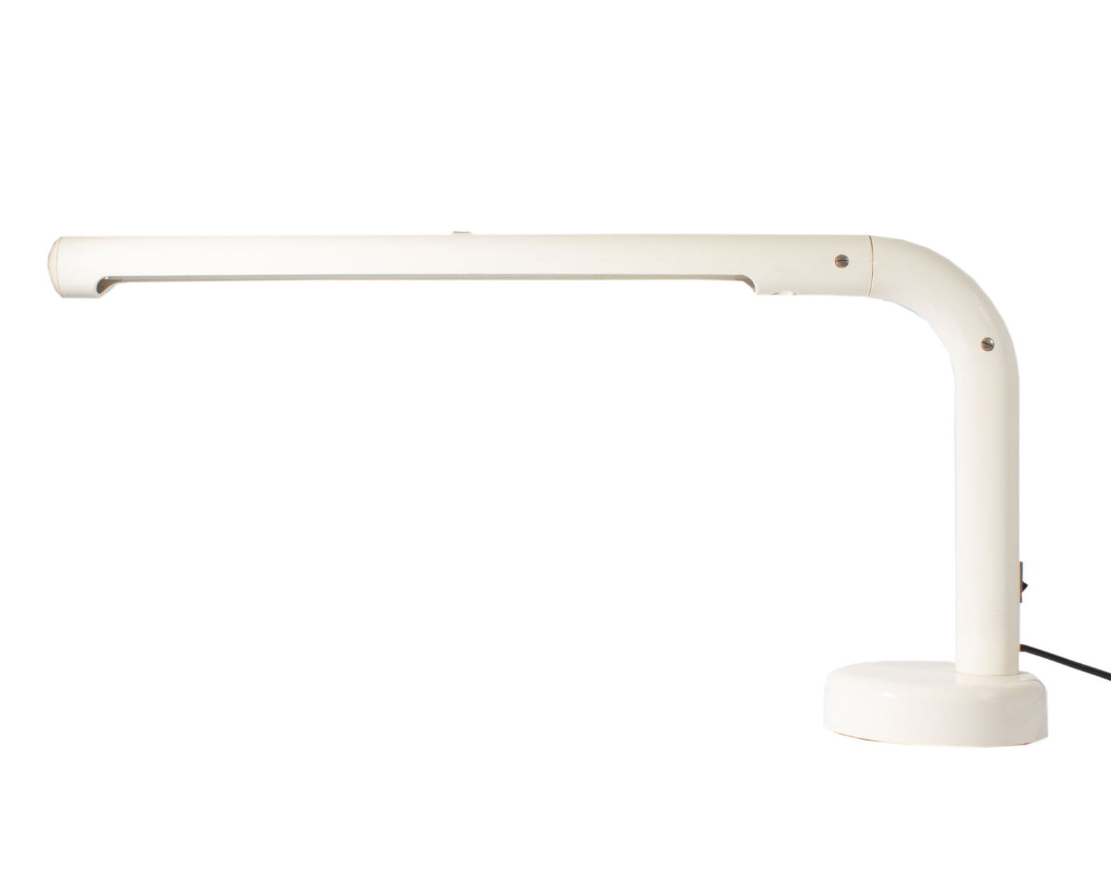 Ledu Allegro White Tube Desk Lamp: 1960s or 70s white tube desk "Allegro" lamp produced by Ledu. Marked to the underside. Measurements: 31" W x 15.5" H x 7" D. In house shipping available.