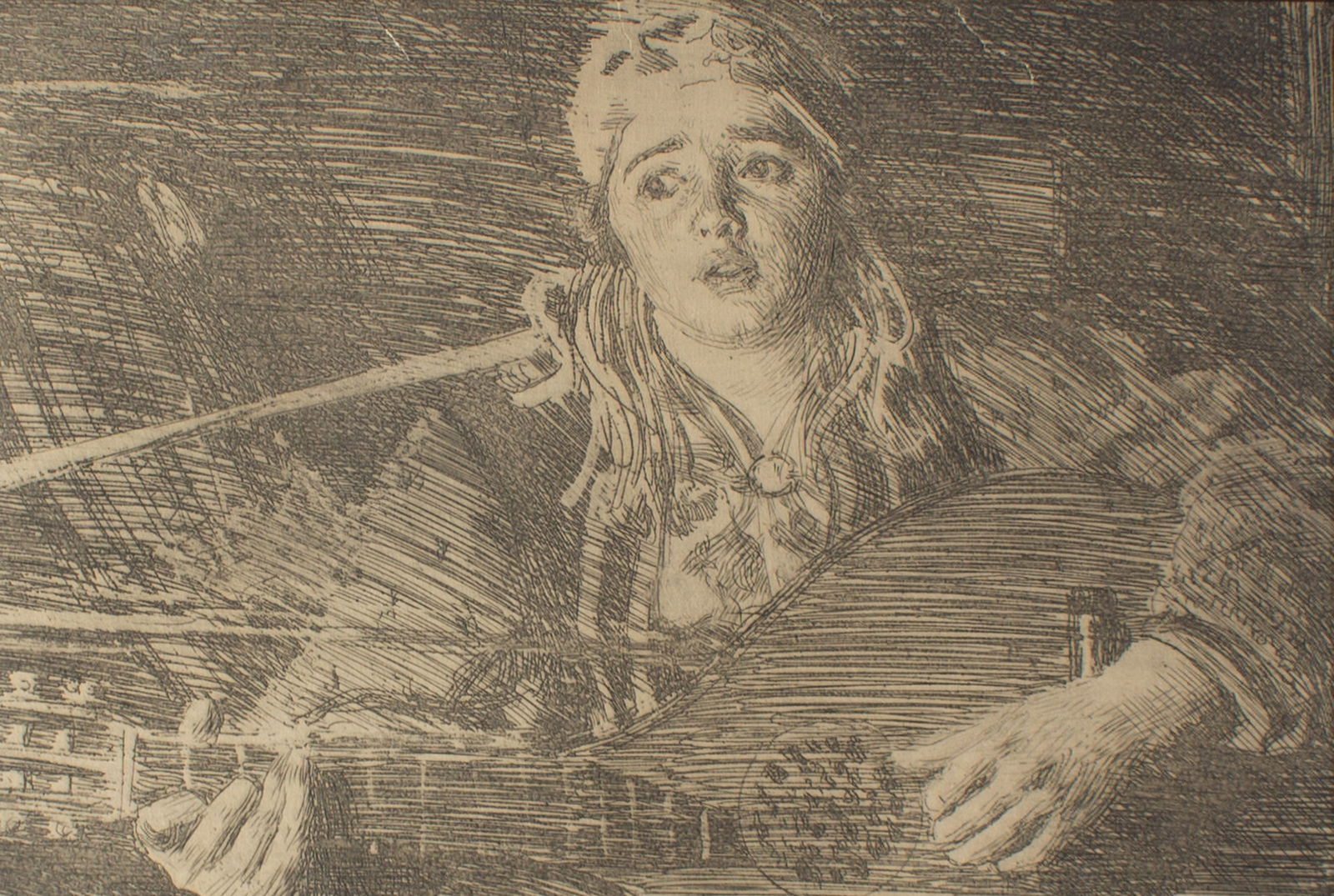 Anders Zorn 1919 "Ols Maria" Etching: 1919 etching by Anders Zorn (Swedish; 1860-1920). Tilted Ols Maria. Signed in pencil lower right. Measurements: 19.5" W x 16" H x 1" D (frame); 11.5" W x 7.75"