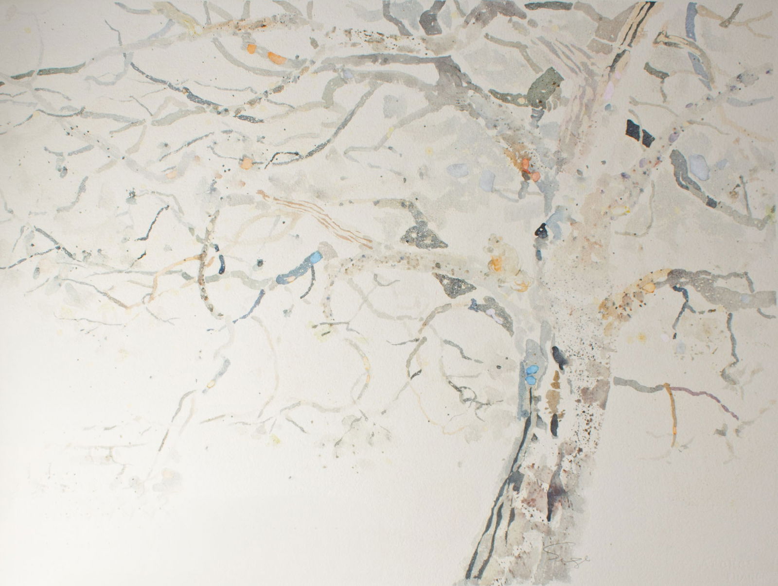 Walter Sorge Abstract Watercolor Painting of a Tree: Abstract watercolor painting of a tree with squirrel by Walter Sorge (Canadian; 1931-2021). Signed lower edge. Born in Alberta, Canada, Walter Felix Sorge attended UCLA and received his un