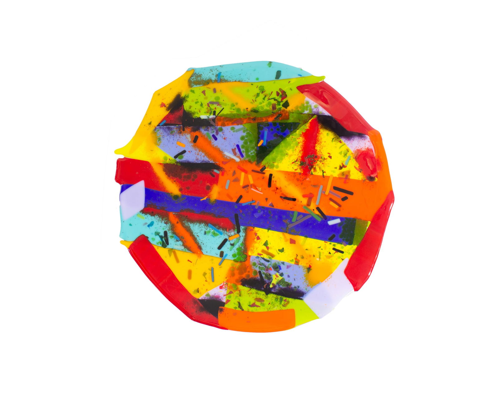 Fused Art Glass Charger: Colorful fused art glass charger. Unsigned. Measurements: 17.25” W x 1.5” H x 17.25” D. In house shipping available. 