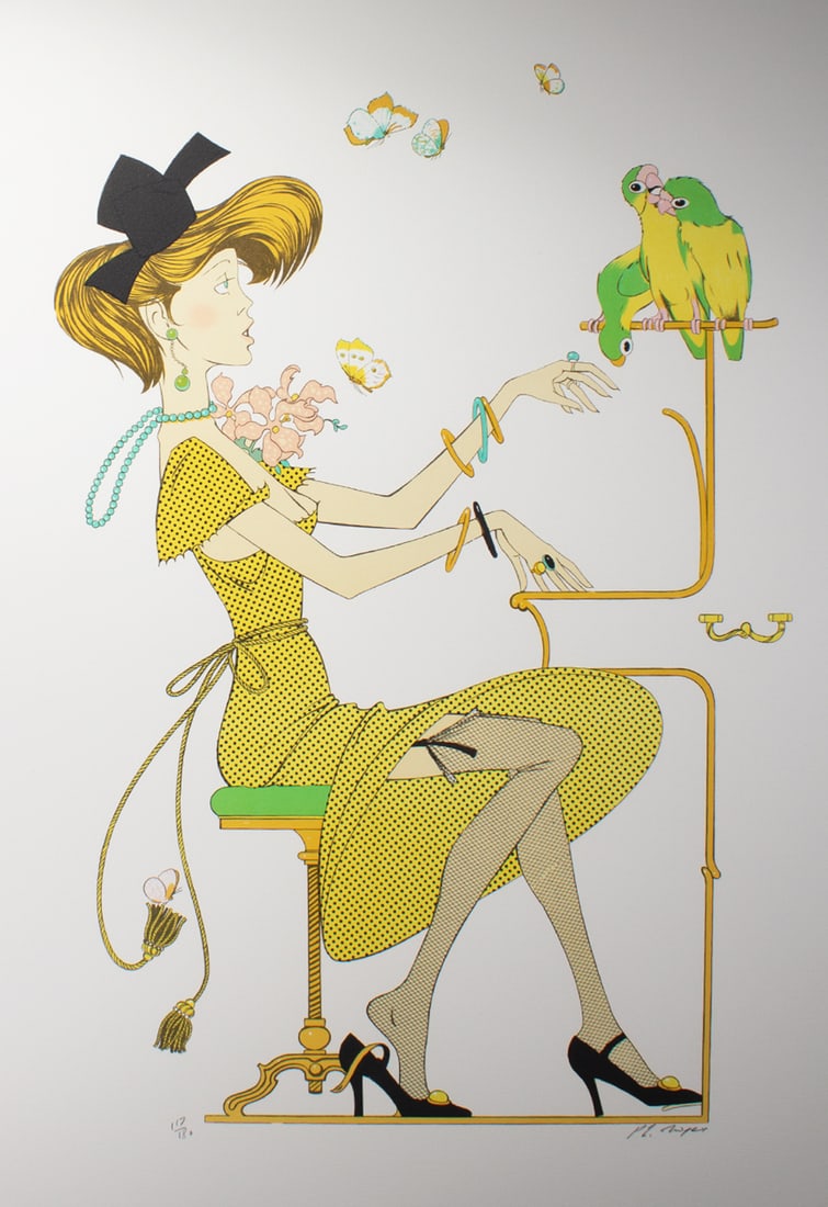 Philippe Noyer 1969 “Young Lady with Parrots" Limited Edition Lithograph (1 of 8)