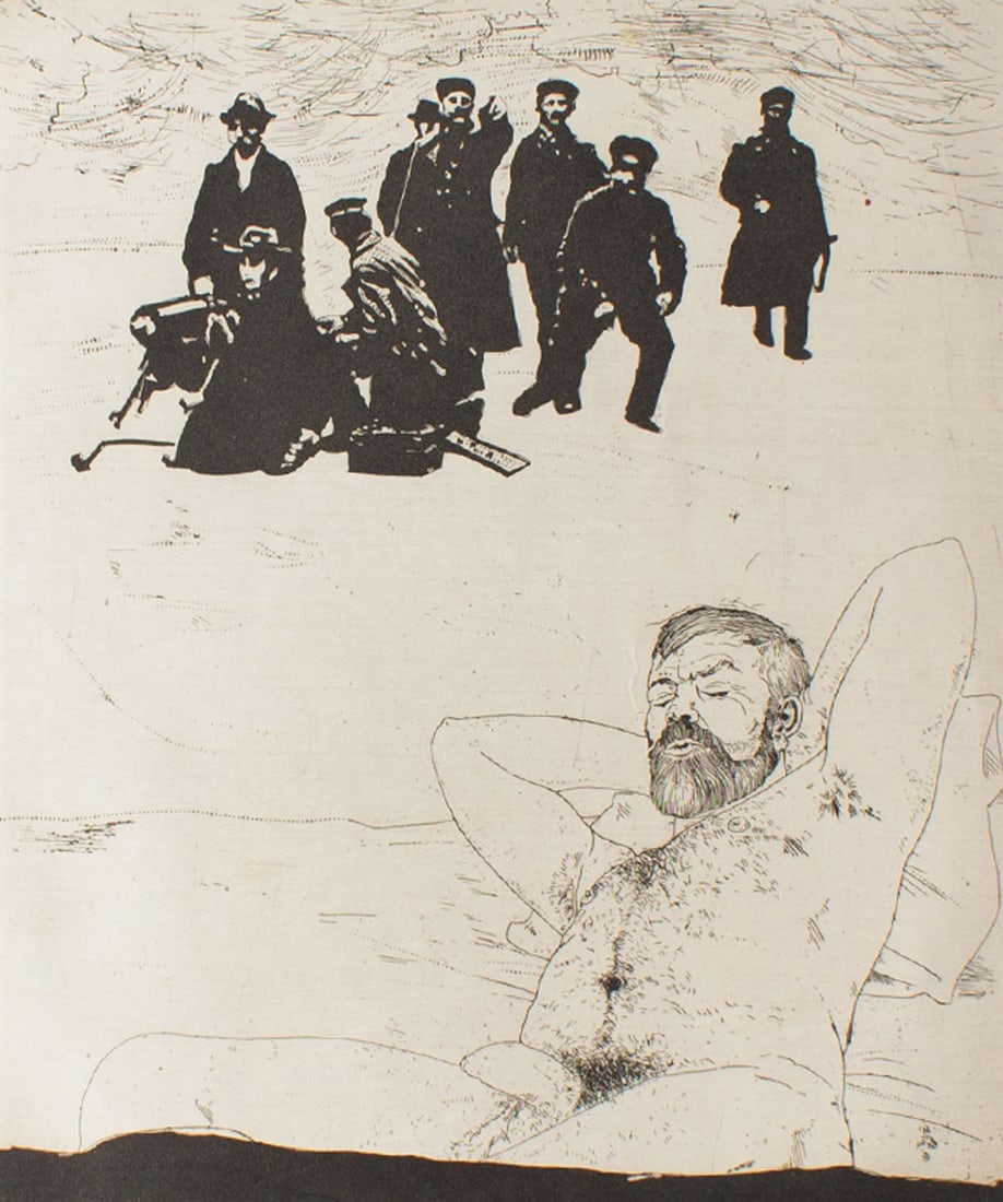 1970 Signed Limited Edition Etching: 1970 etching of a nude male figure sleeping near a group of men standing around an old machine gun. Signed, dated, numbered 8/40 lower edge. Measurements: 18.5" W x 20.75" H (sheet);